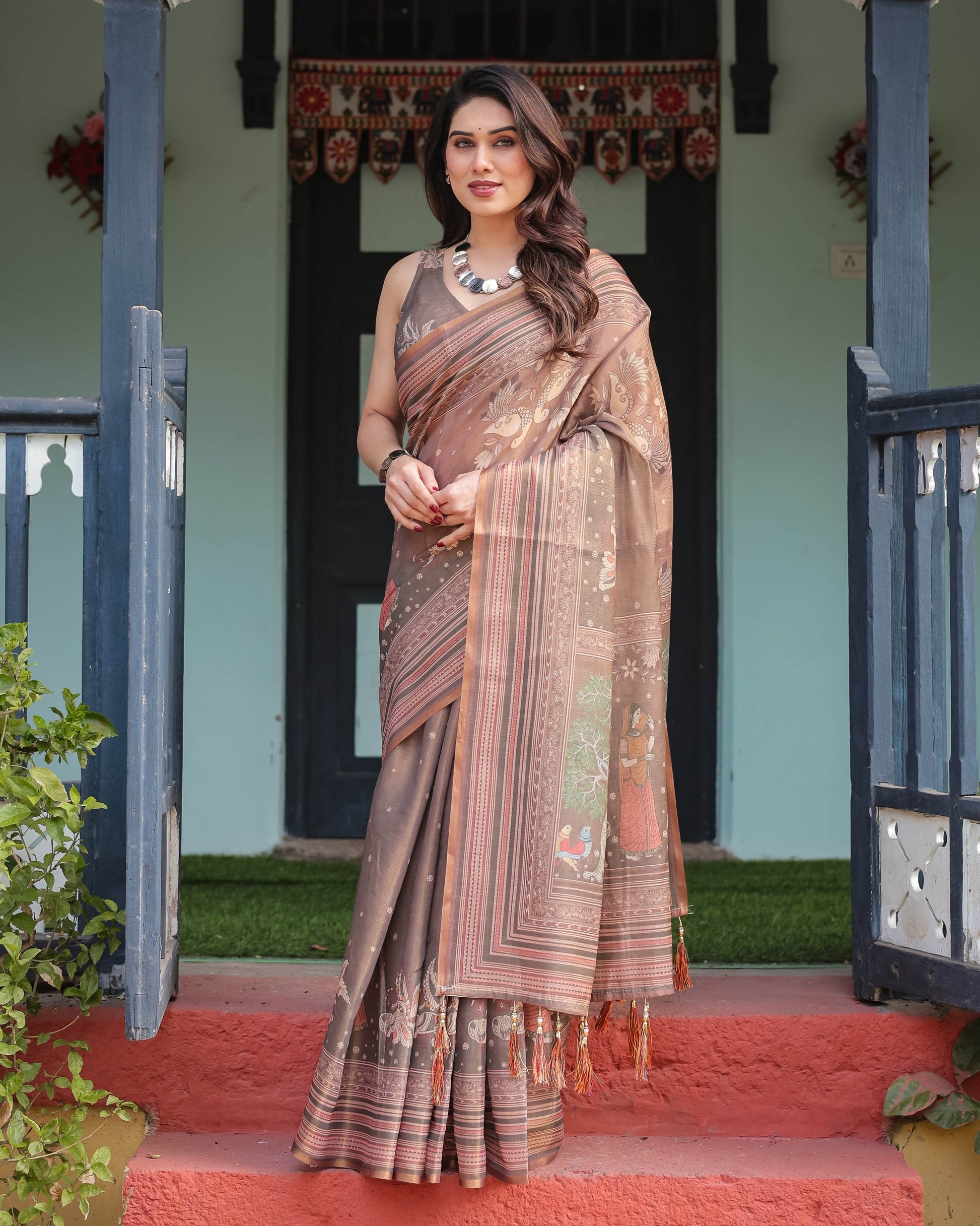 Earthy Brown Handloom Cotton-Linen Saree with Bird Motifs and Striped Detailing - SEEANS