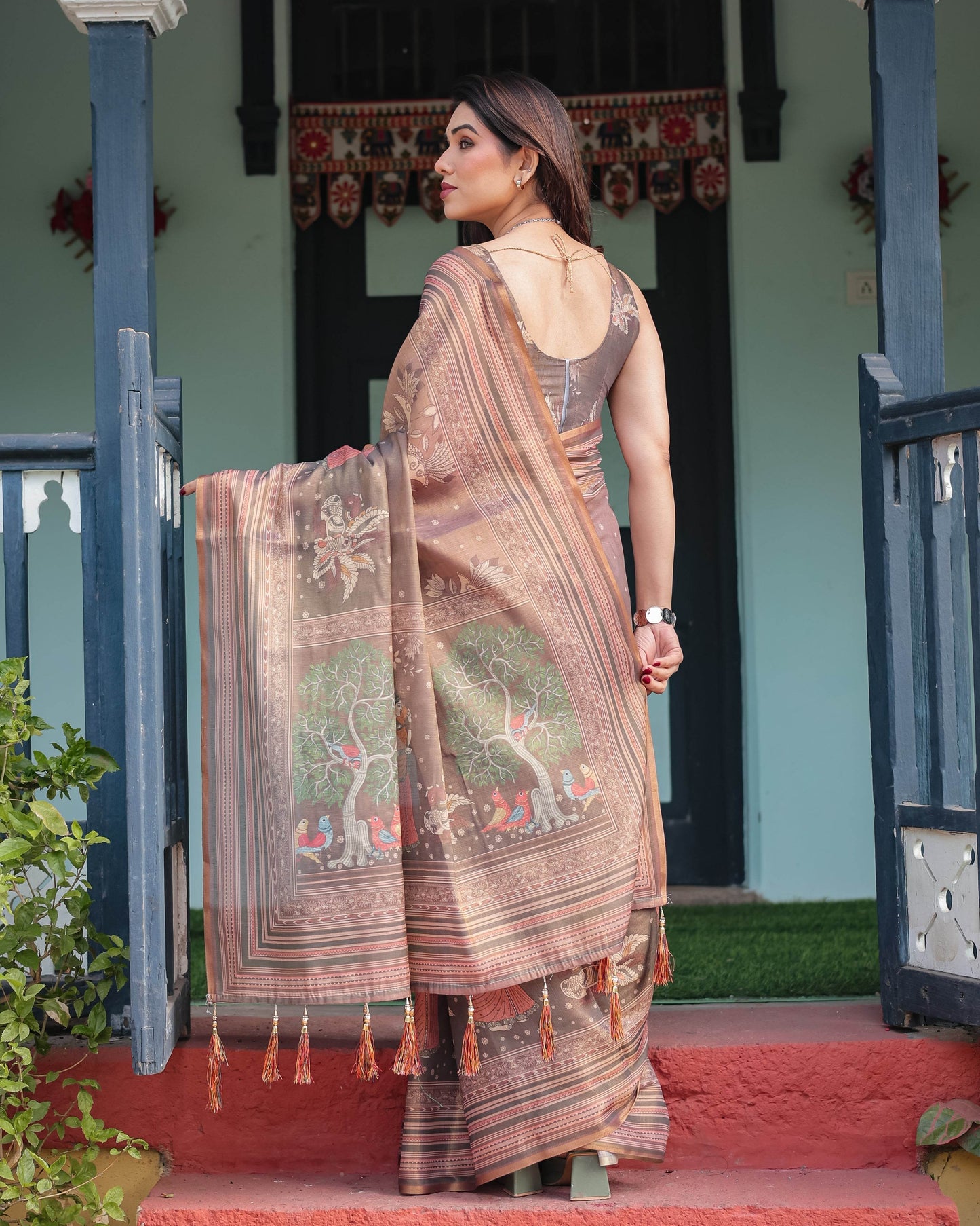 Earthy Brown Handloom Cotton-Linen Saree with Bird Motifs and Striped Detailing - SEEANS