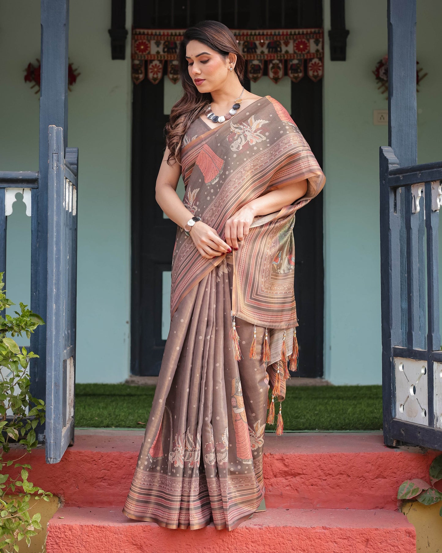 Earthy Brown Handloom Cotton-Linen Saree with Bird Motifs and Striped Detailing - SEEANS