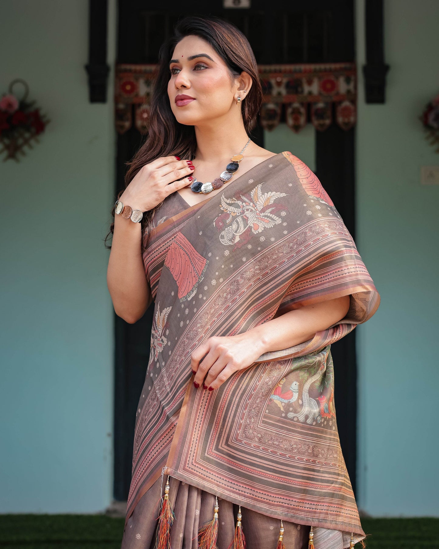 Earthy Brown Handloom Cotton-Linen Saree with Bird Motifs and Striped Detailing - SEEANS