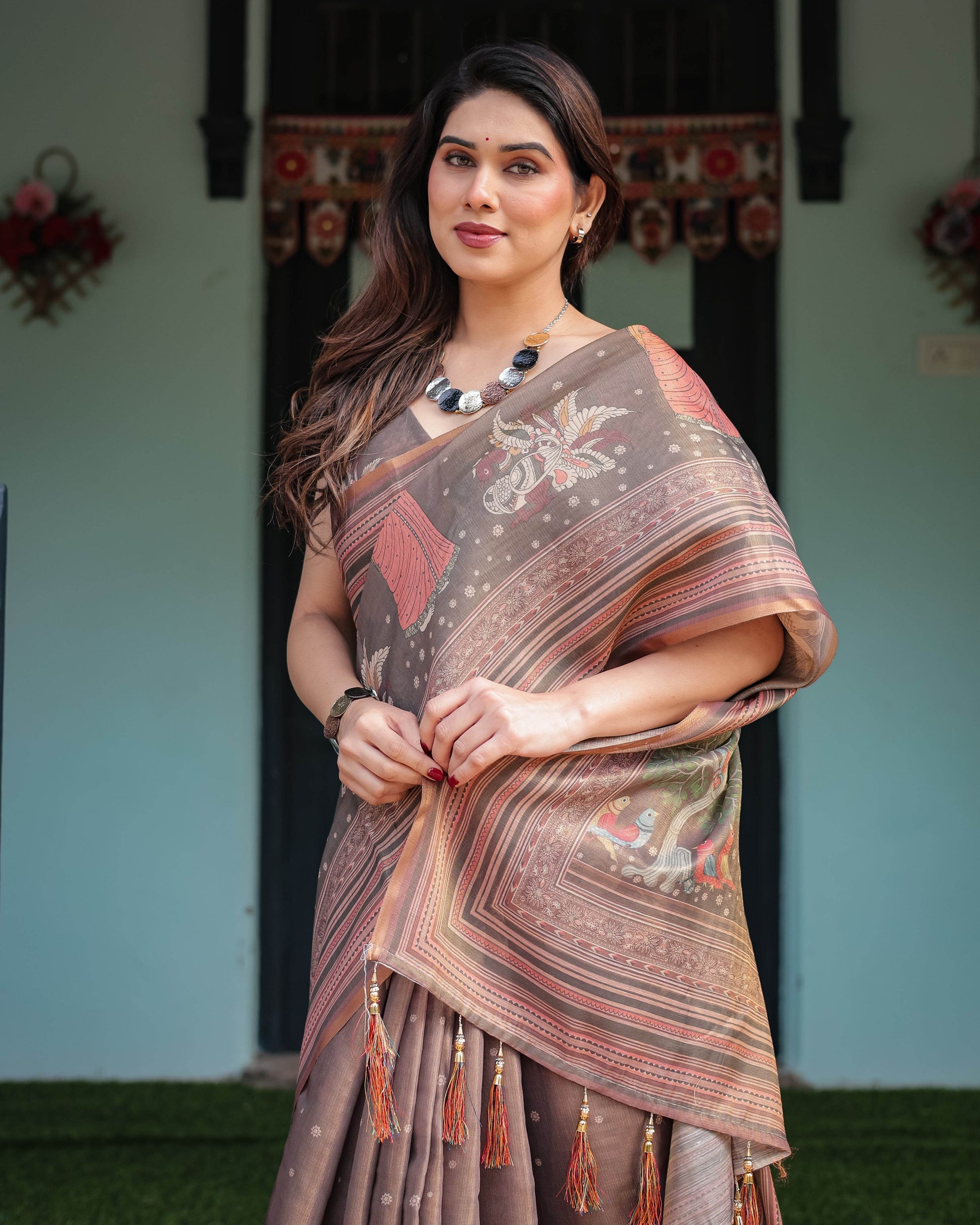 Earthy Brown Handloom Cotton-Linen Saree with Bird Motifs and Striped Detailing - SEEANS