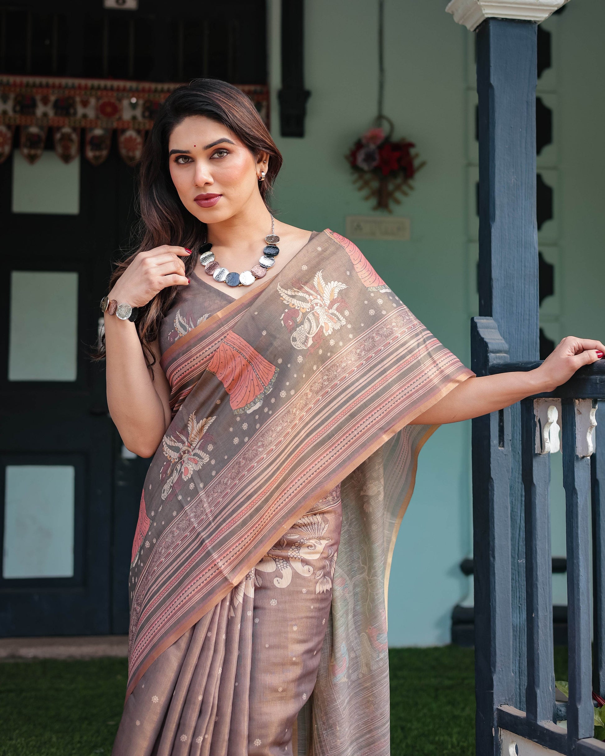 Earthy Brown Handloom Cotton-Linen Saree with Bird Motifs and Striped Detailing - SEEANS