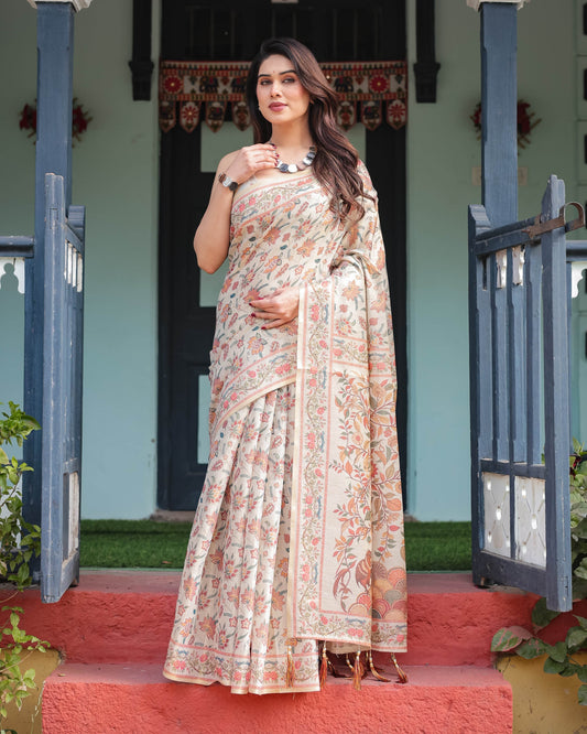 Elegant Beige Handloom Cotton-Linen Saree with Golden Zari Weave, Floral Printed Pallu & Tassel Detailing - SEEANS