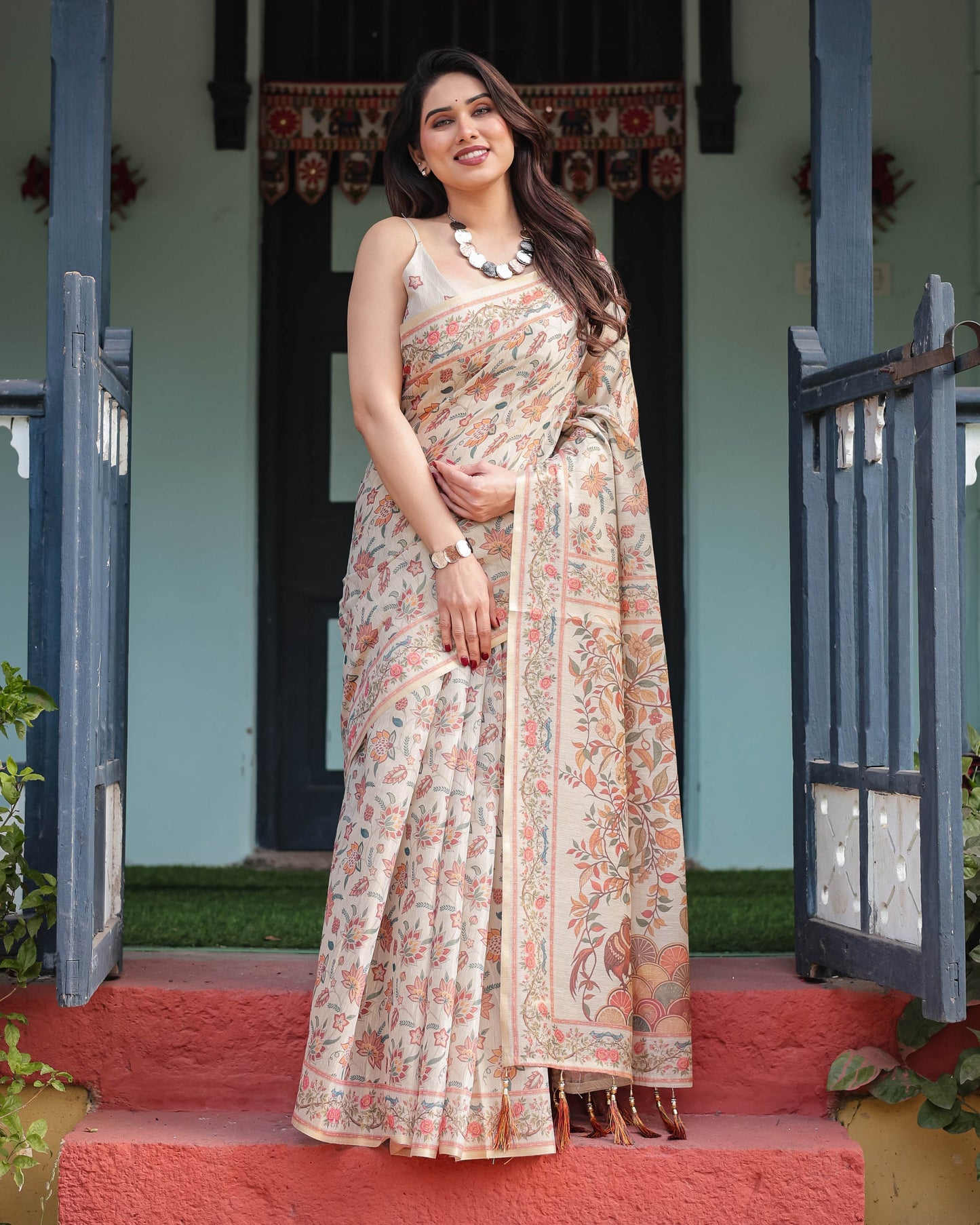 Elegant Beige Handloom Cotton-Linen Saree with Golden Zari Weave, Floral Printed Pallu & Tassel Detailing - SEEANS