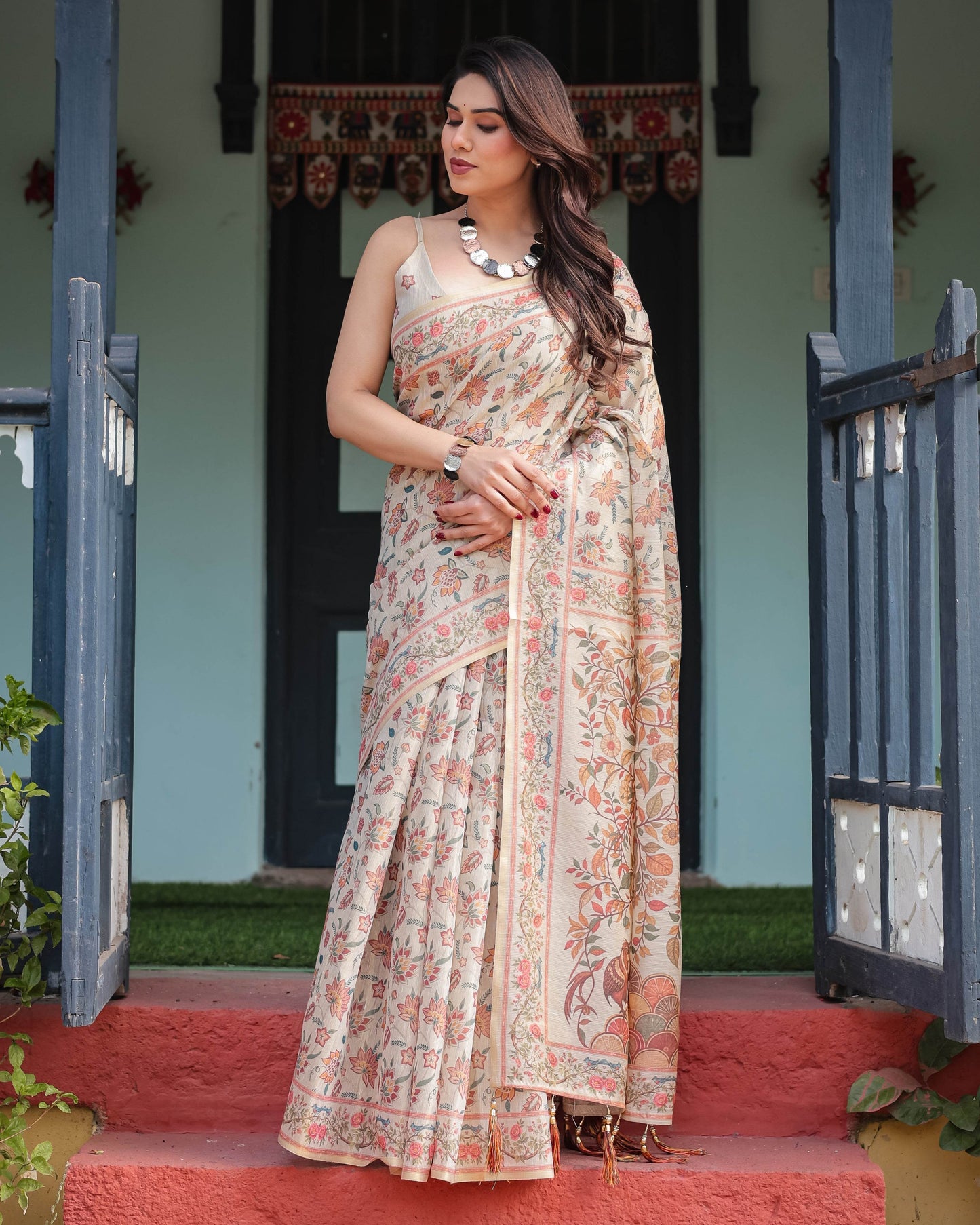 Elegant Beige Handloom Cotton-Linen Saree with Golden Zari Weave, Floral Printed Pallu & Tassel Detailing - SEEANS