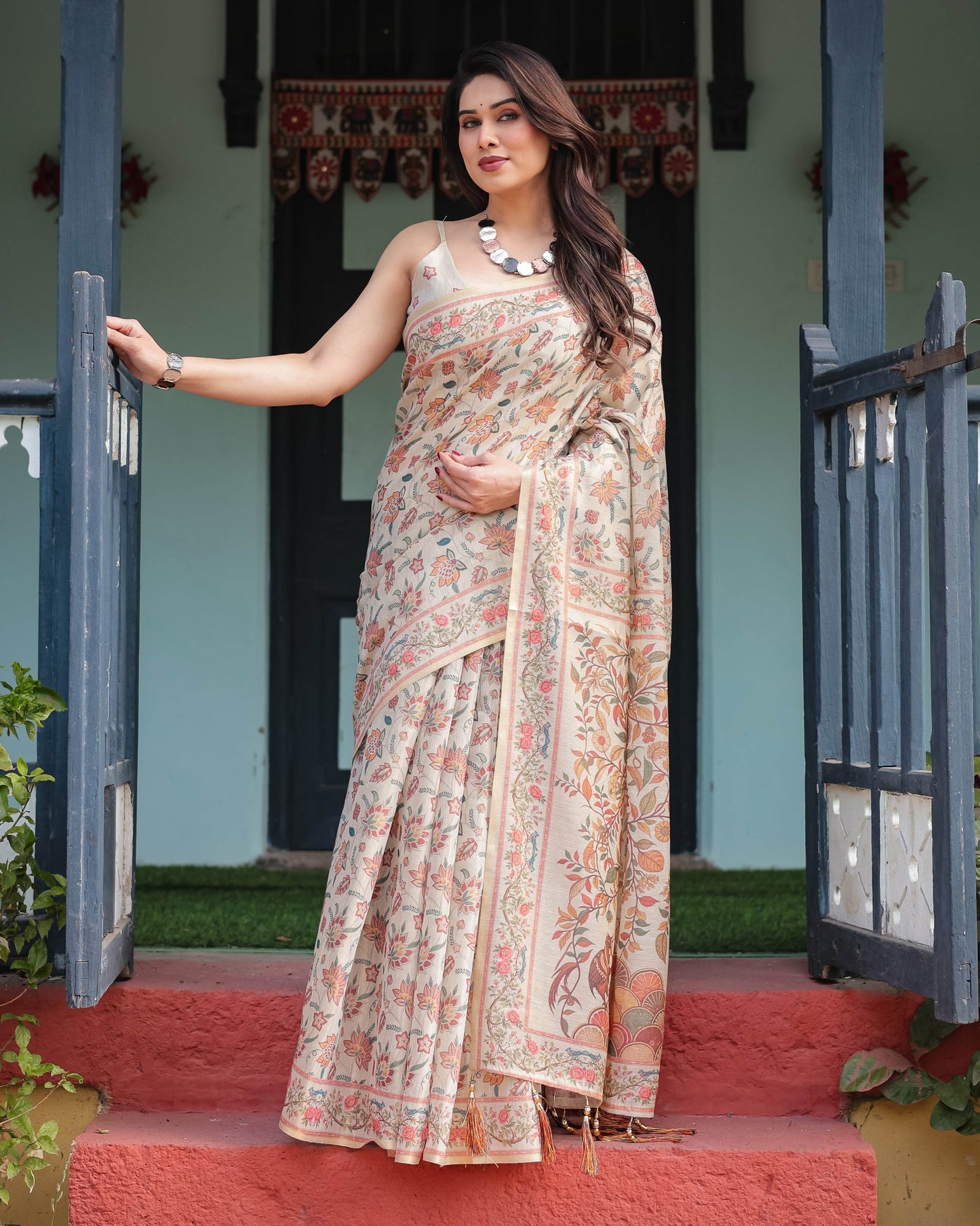 Elegant Beige Handloom Cotton-Linen Saree with Golden Zari Weave, Floral Printed Pallu & Tassel Detailing - SEEANS