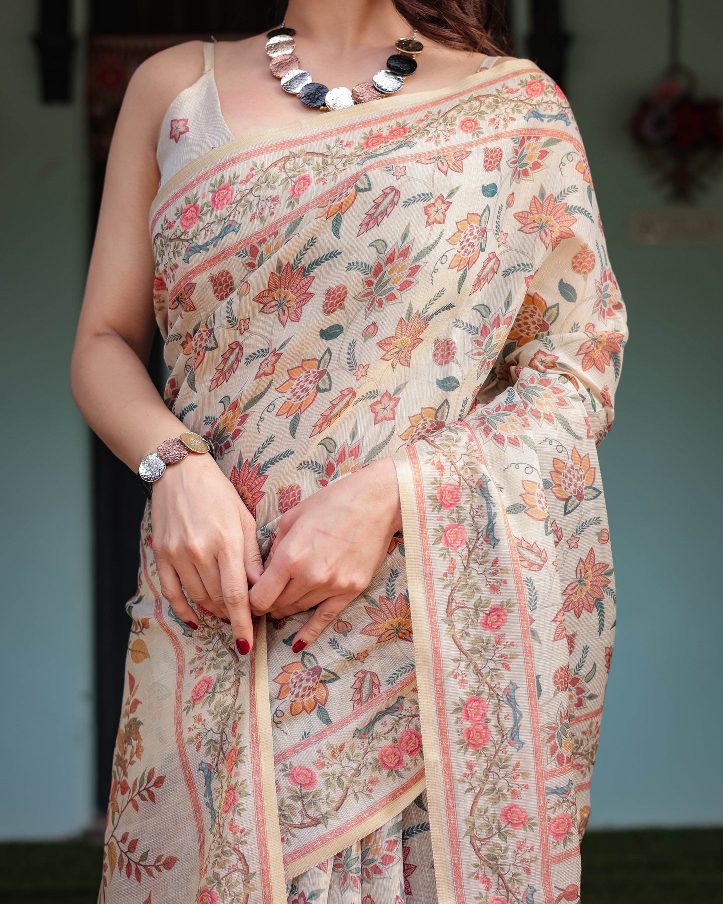 Elegant Beige Handloom Cotton-Linen Saree with Golden Zari Weave, Floral Printed Pallu & Tassel Detailing - SEEANS