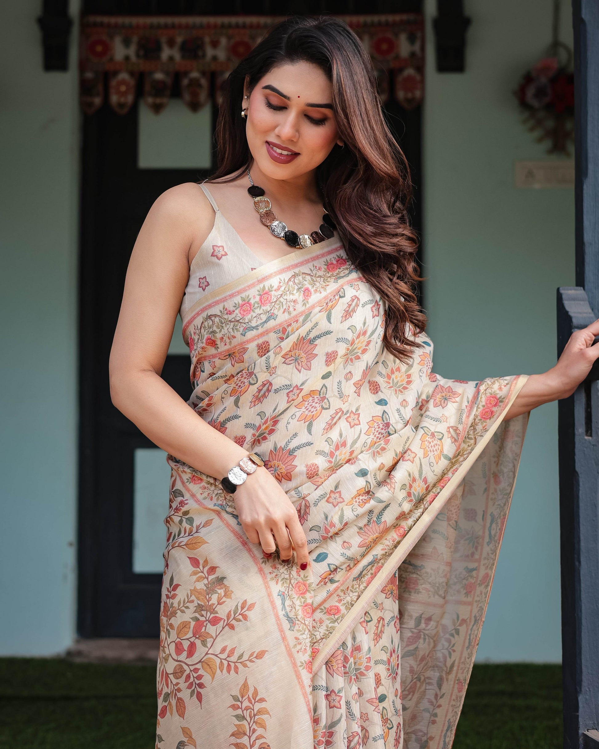 Elegant Beige Handloom Cotton-Linen Saree with Golden Zari Weave, Floral Printed Pallu & Tassel Detailing - SEEANS