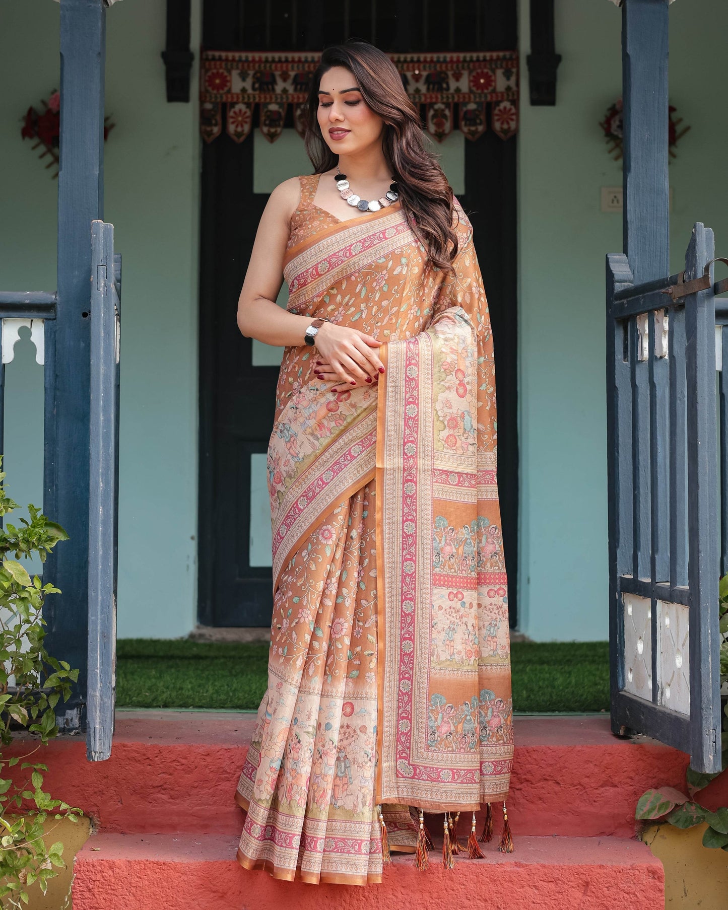 Warm Gold Pure Linen Cotton Handloom Printed Saree with Floral and Figurative Patterns, Golden Zari Weave, Tassels, and Slub Texture - SEEANS