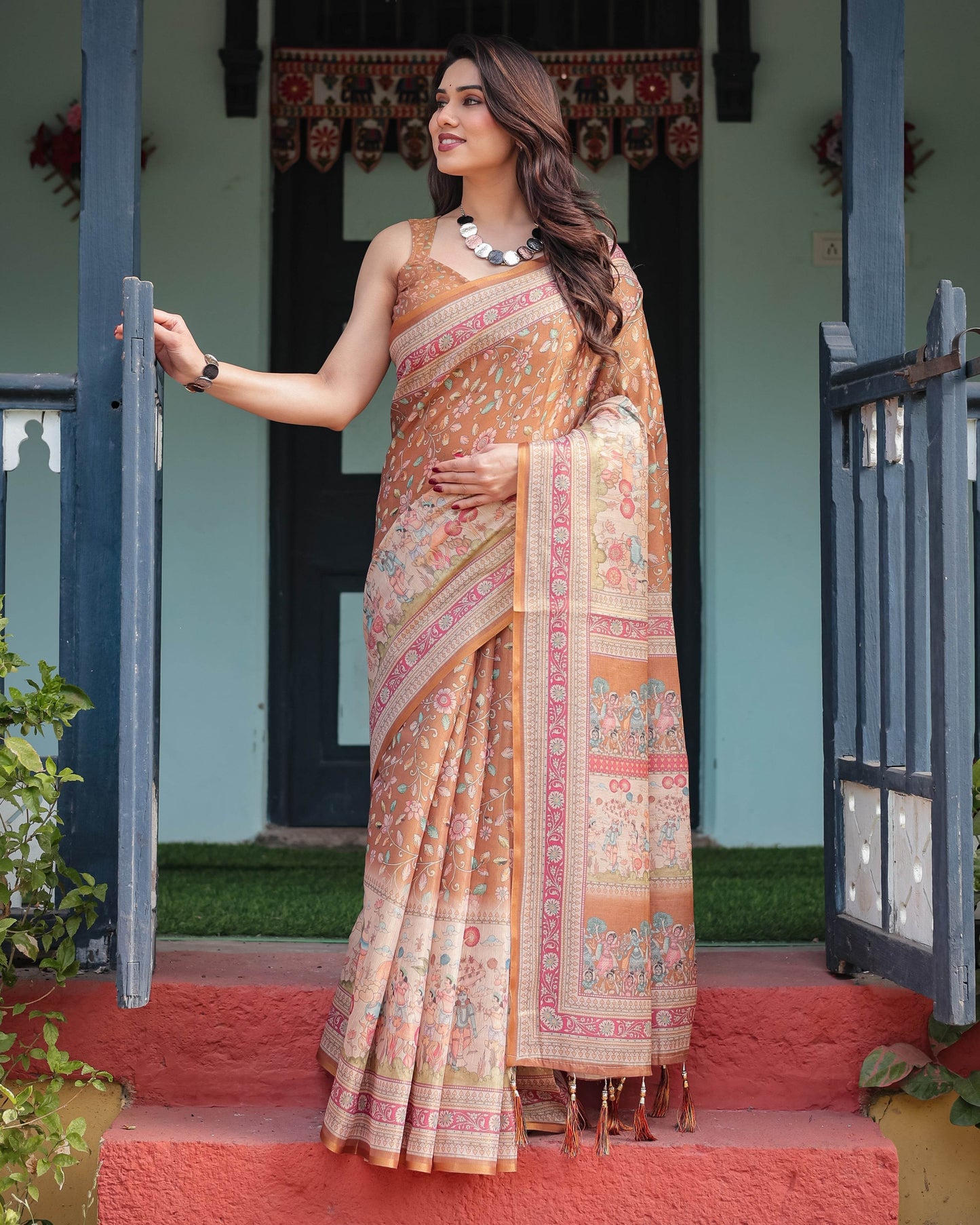 Warm Gold Pure Linen Cotton Handloom Printed Saree with Floral and Figurative Patterns, Golden Zari Weave, Tassels, and Slub Texture - SEEANS