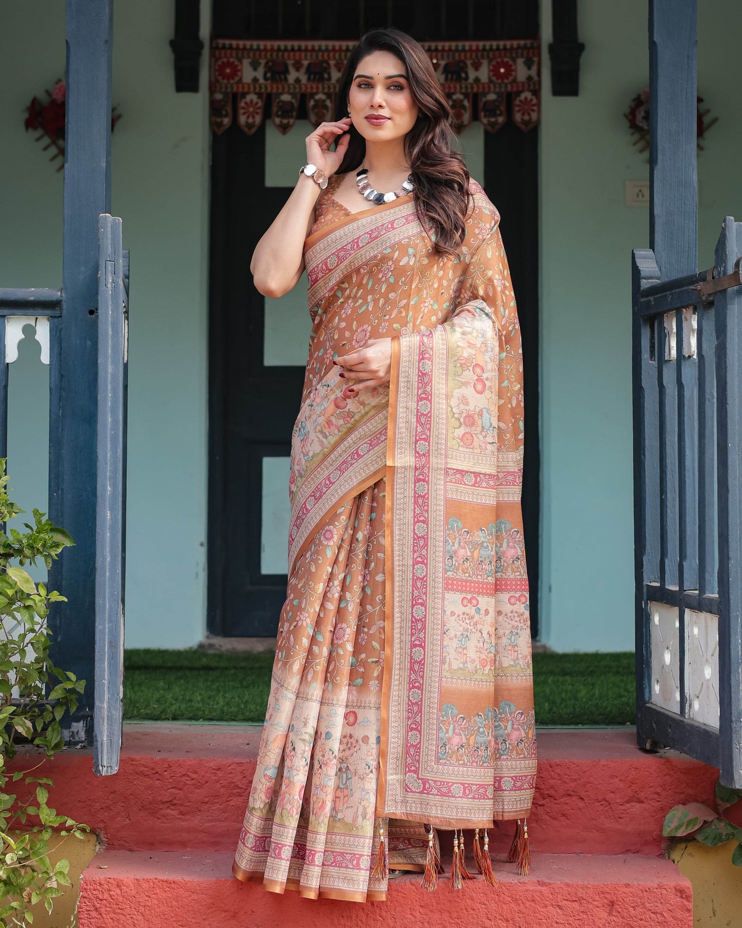 Warm Gold Pure Linen Cotton Handloom Printed Saree with Floral and Figurative Patterns, Golden Zari Weave, Tassels, and Slub Texture - SEEANS