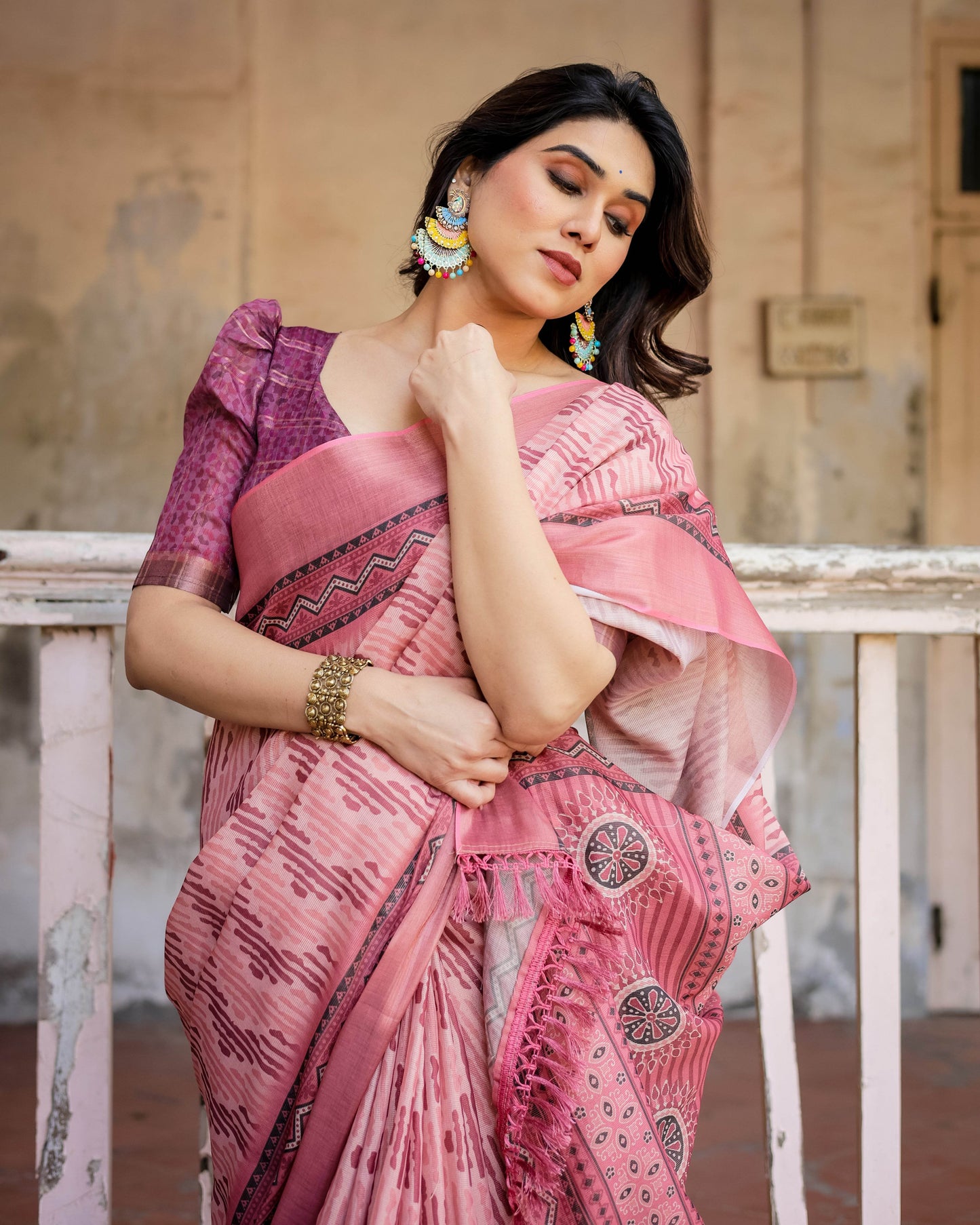 Multicolour Linen Saree with Traditional Patterns | Lightweight and Elegant - SEEANS