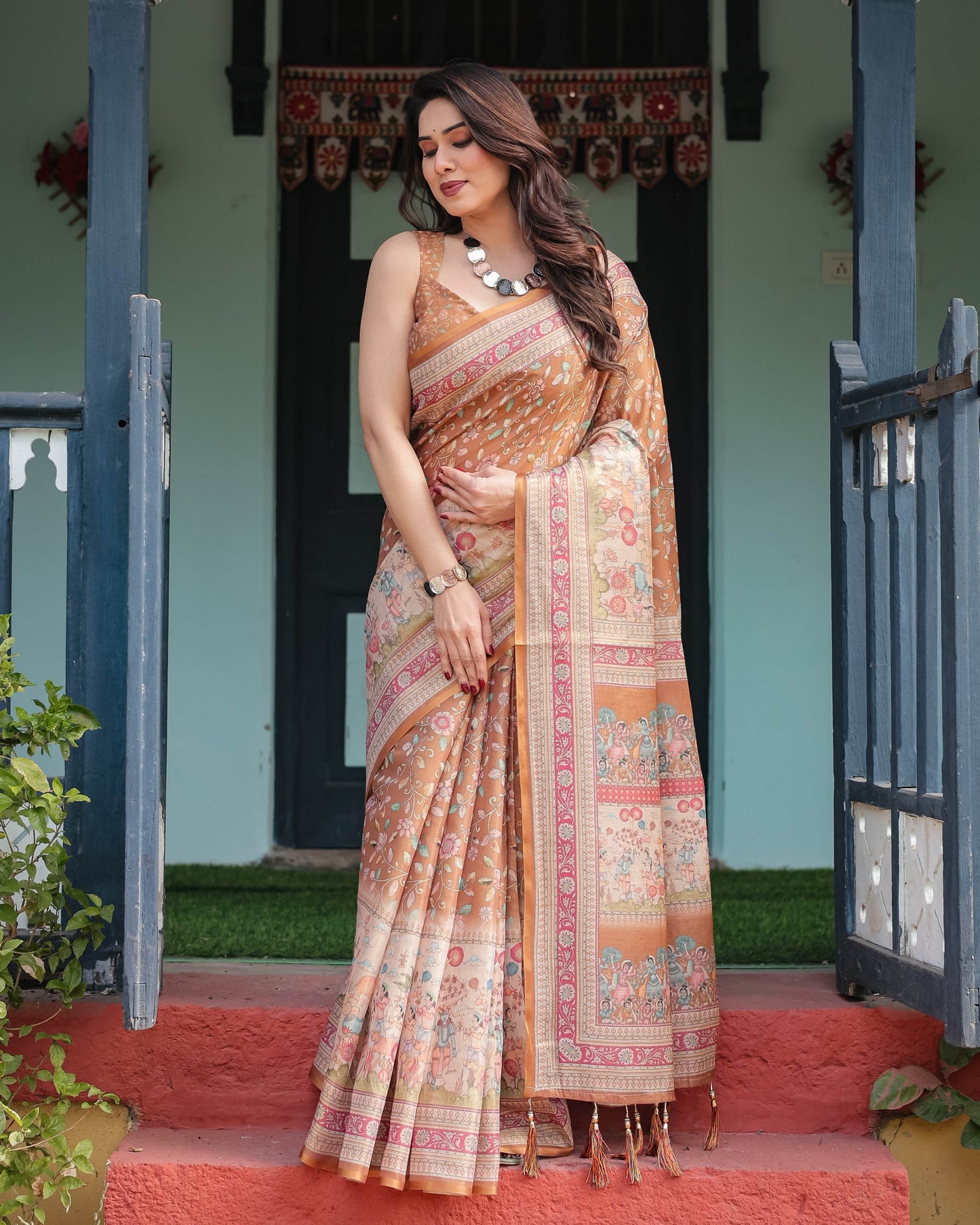 Warm Gold Pure Linen Cotton Handloom Printed Saree with Floral and Figurative Patterns, Golden Zari Weave, Tassels, and Slub Texture - SEEANS