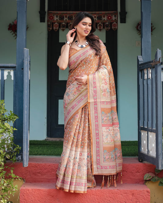 Warm Gold Pure Linen Cotton Handloom Printed Saree with Floral and Figurative Patterns, Golden Zari Weave, Tassels, and Slub Texture - SEEANS