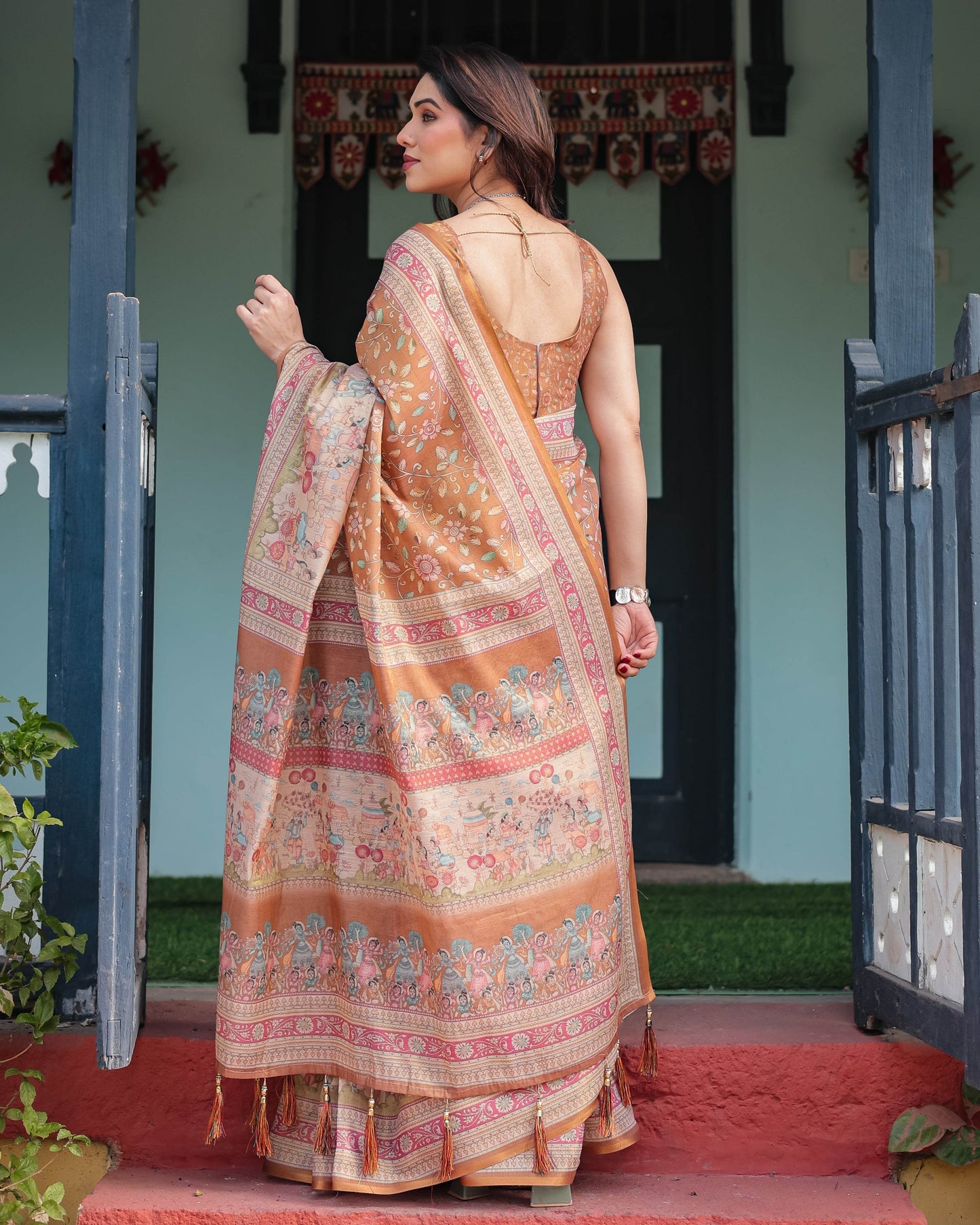 Warm Gold Pure Linen Cotton Handloom Printed Saree with Floral and Figurative Patterns, Golden Zari Weave, Tassels, and Slub Texture - SEEANS