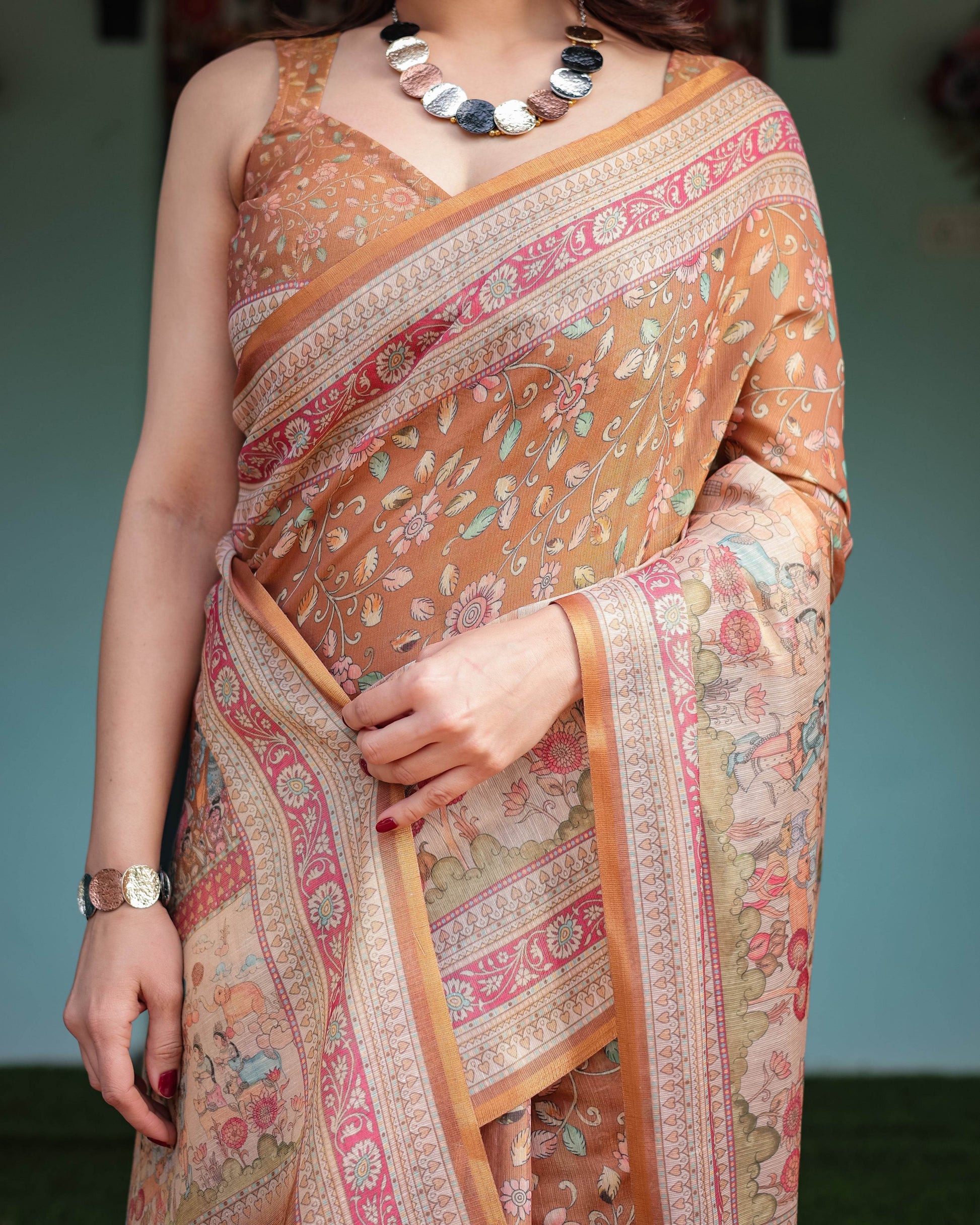 Warm Gold Pure Linen Cotton Handloom Printed Saree with Floral and Figurative Patterns, Golden Zari Weave, Tassels, and Slub Texture - SEEANS