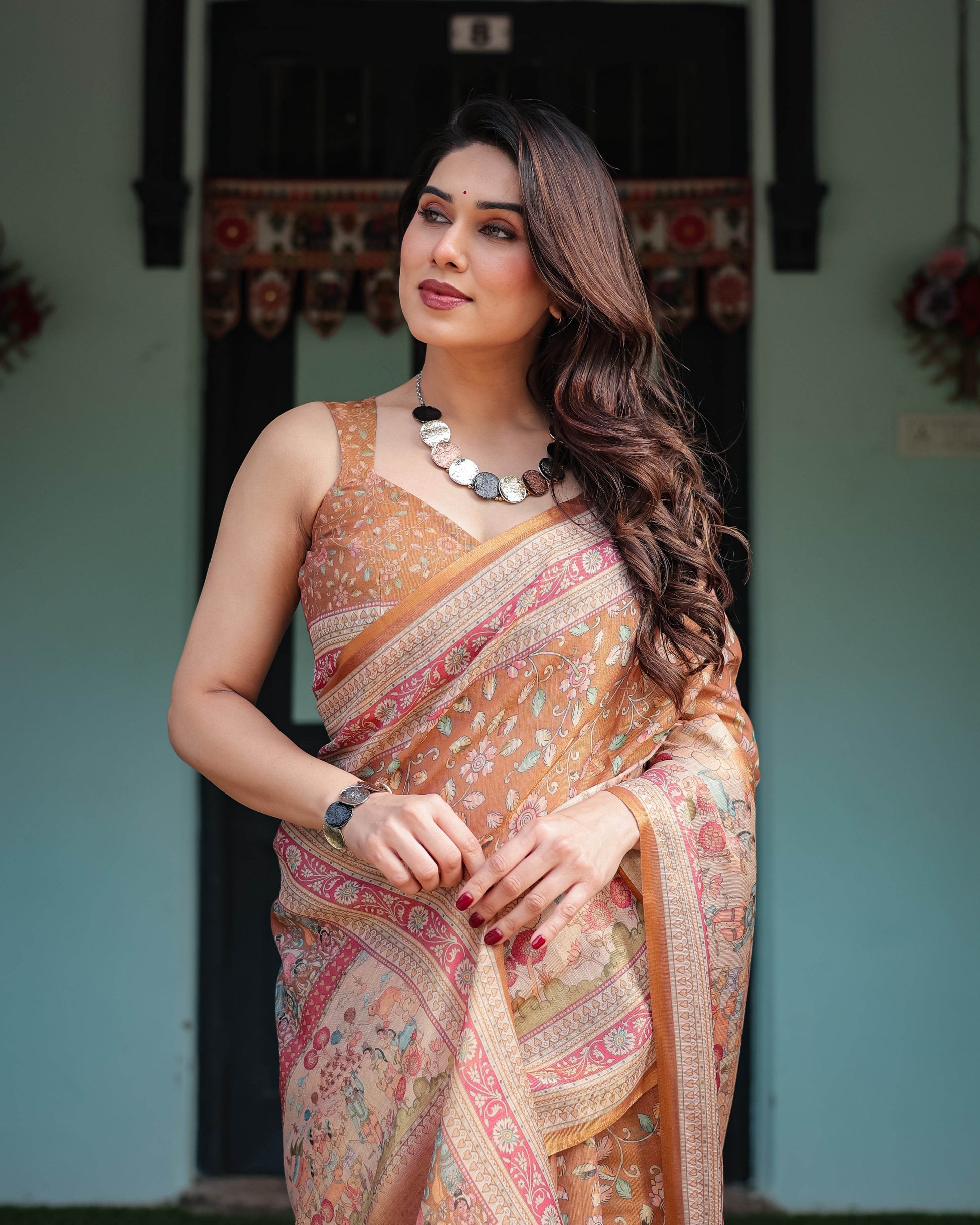 Warm Gold Pure Linen Cotton Handloom Printed Saree with Floral and Figurative Patterns, Golden Zari Weave, Tassels, and Slub Texture - SEEANS