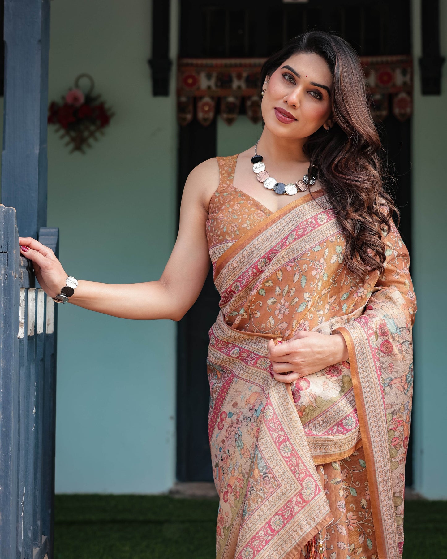 Warm Gold Pure Linen Cotton Handloom Printed Saree with Floral and Figurative Patterns, Golden Zari Weave, Tassels, and Slub Texture - SEEANS