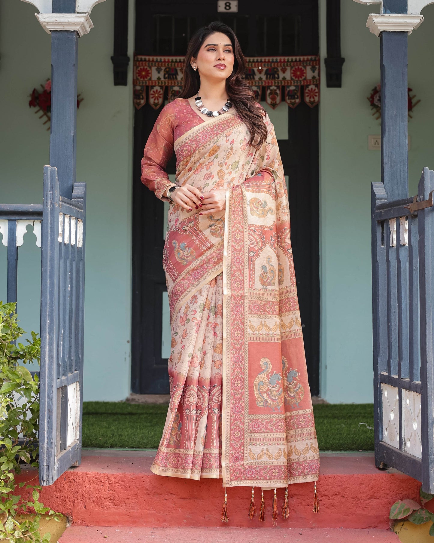 Cream with Coral Borders Linen Cotton Handloom Printed Saree, Peacock Motifs, Floral Design, and Tassels - SEEANS