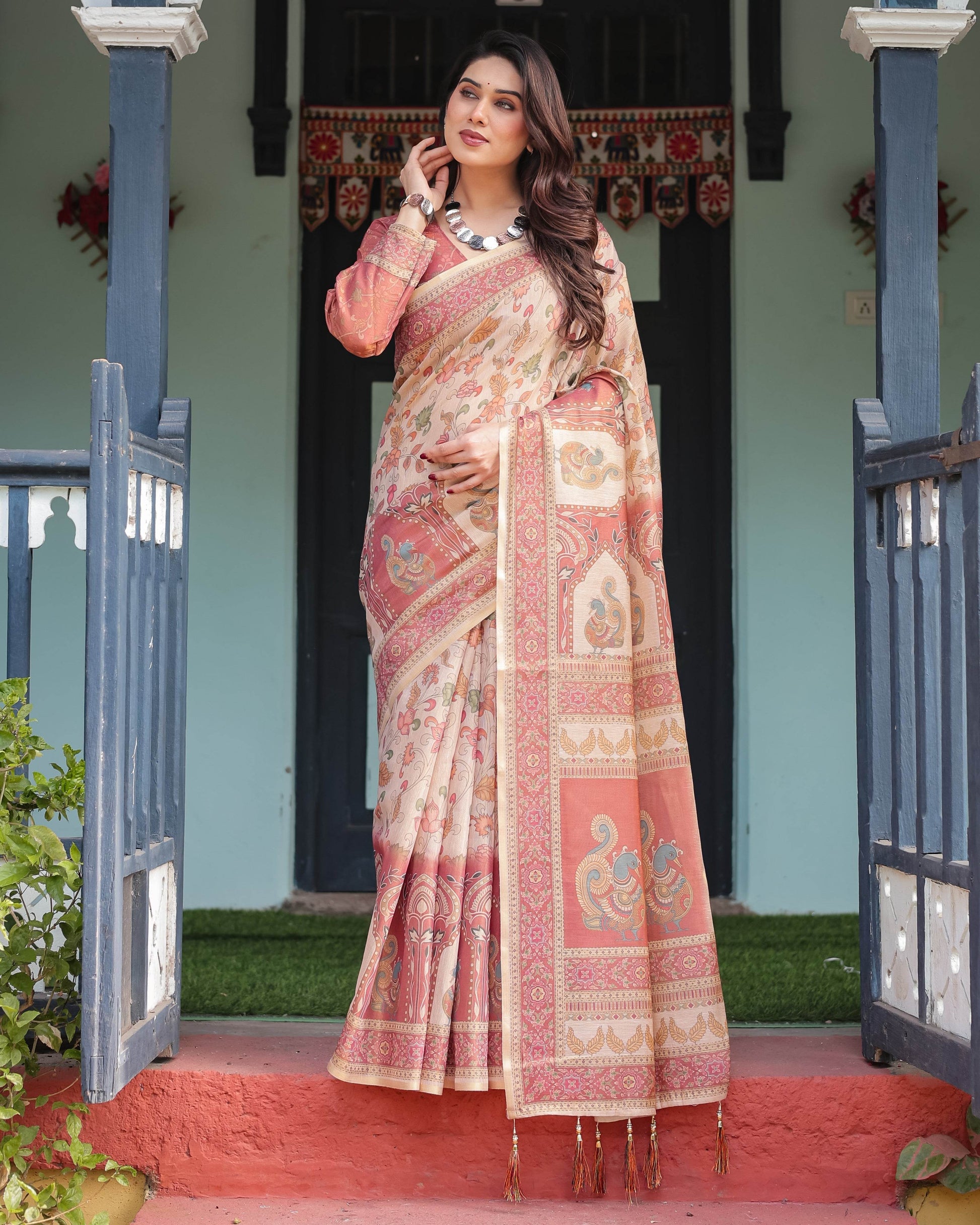 Cream with Coral Borders Linen Cotton Handloom Printed Saree, Peacock Motifs, Floral Design, and Tassels - SEEANS