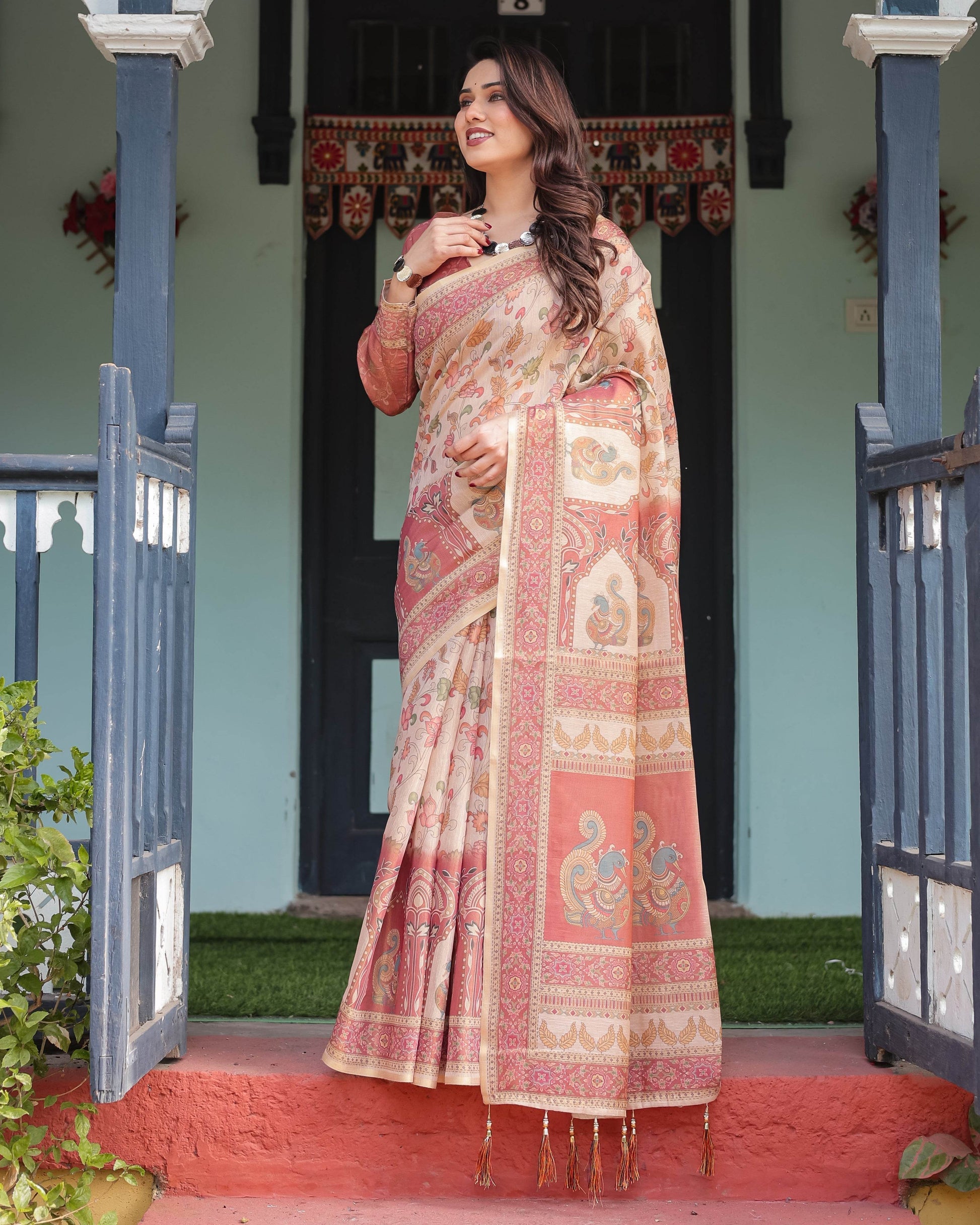 Cream with Coral Borders Linen Cotton Handloom Printed Saree, Peacock Motifs, Floral Design, and Tassels - SEEANS