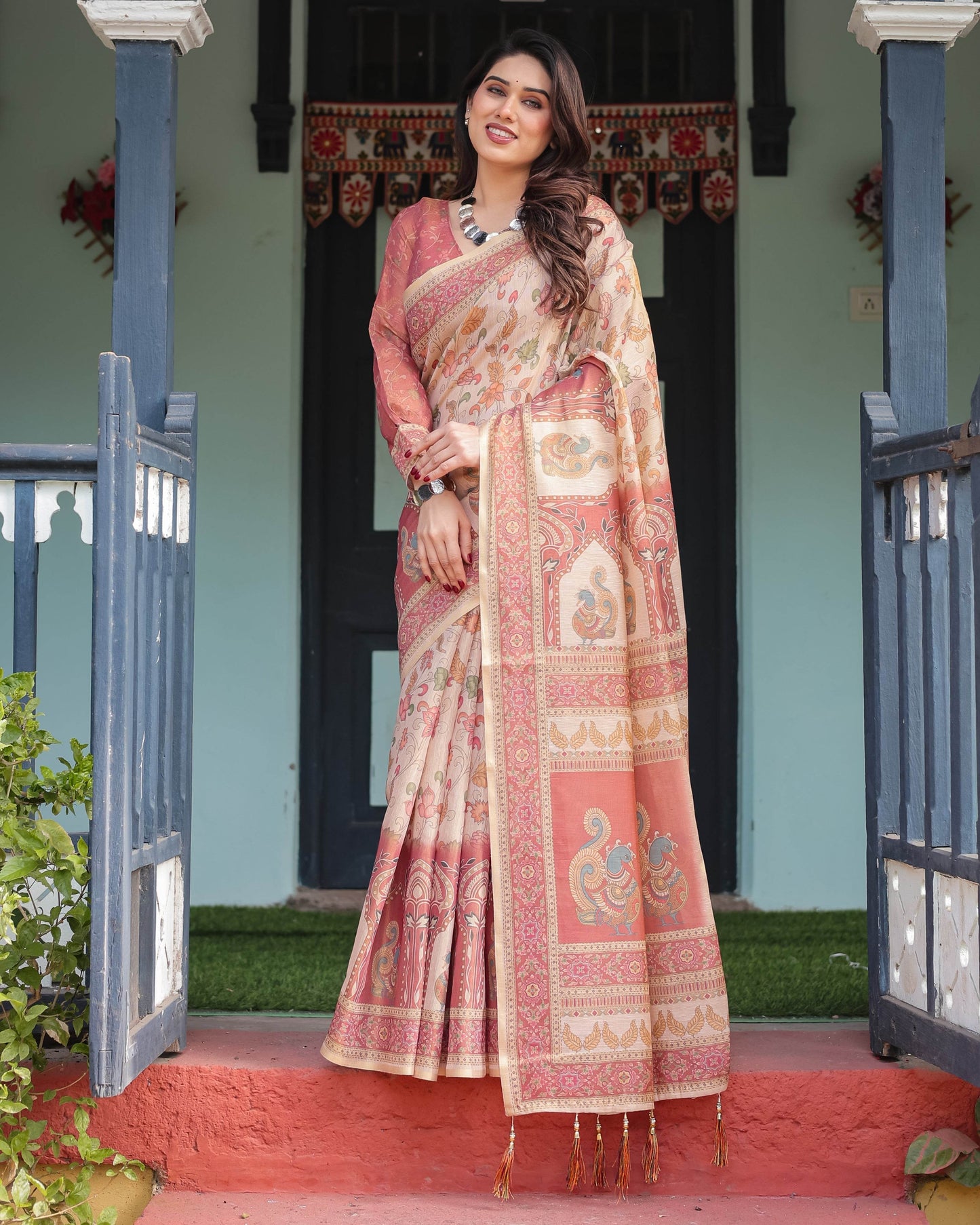 Cream with Coral Borders Linen Cotton Handloom Printed Saree, Peacock Motifs, Floral Design, and Tassels - SEEANS