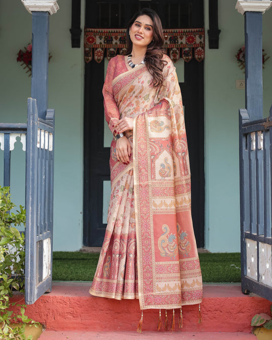 Cream with Coral Borders Linen Cotton Handloom Printed Saree, Peacock Motifs, Floral Design, and Tassels - SEEANS