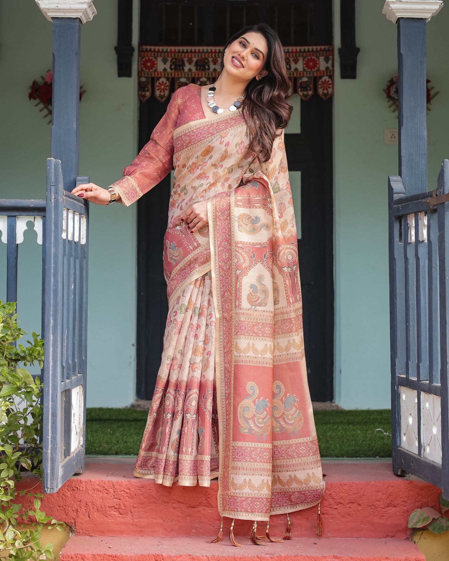 Cream with Coral Borders Linen Cotton Handloom Printed Saree, Peacock Motifs, Floral Design, and Tassels - SEEANS