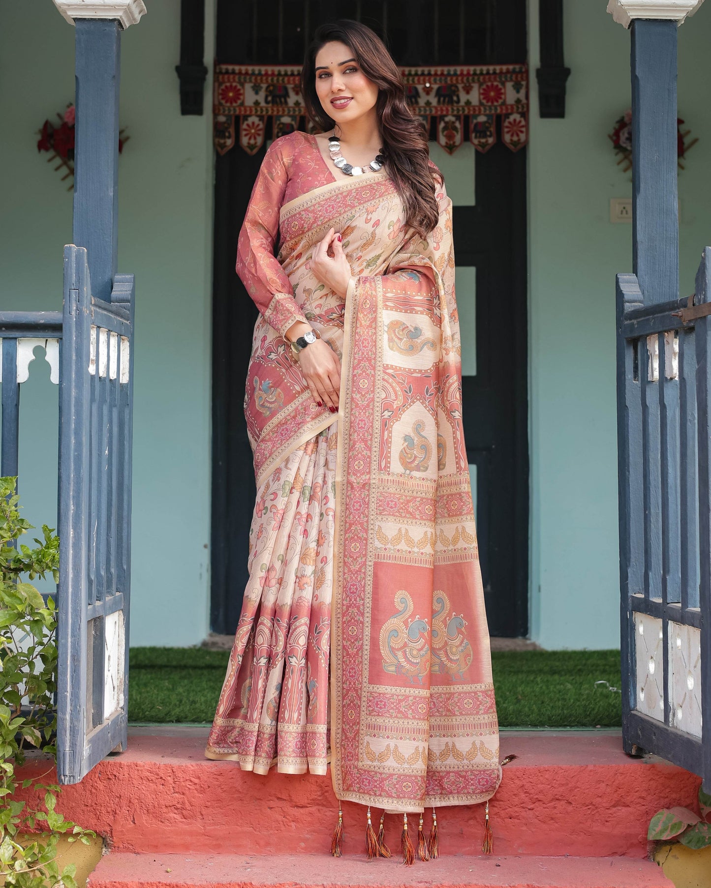 Cream with Coral Borders Linen Cotton Handloom Printed Saree, Peacock Motifs, Floral Design, and Tassels - SEEANS