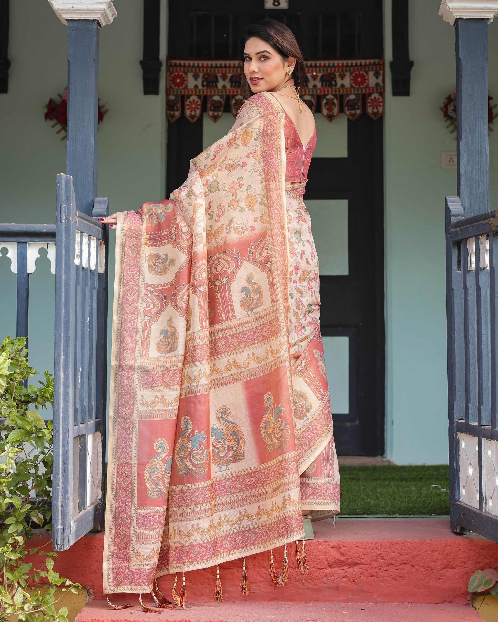 Cream with Coral Borders Linen Cotton Handloom Printed Saree, Peacock Motifs, Floral Design, and Tassels - SEEANS