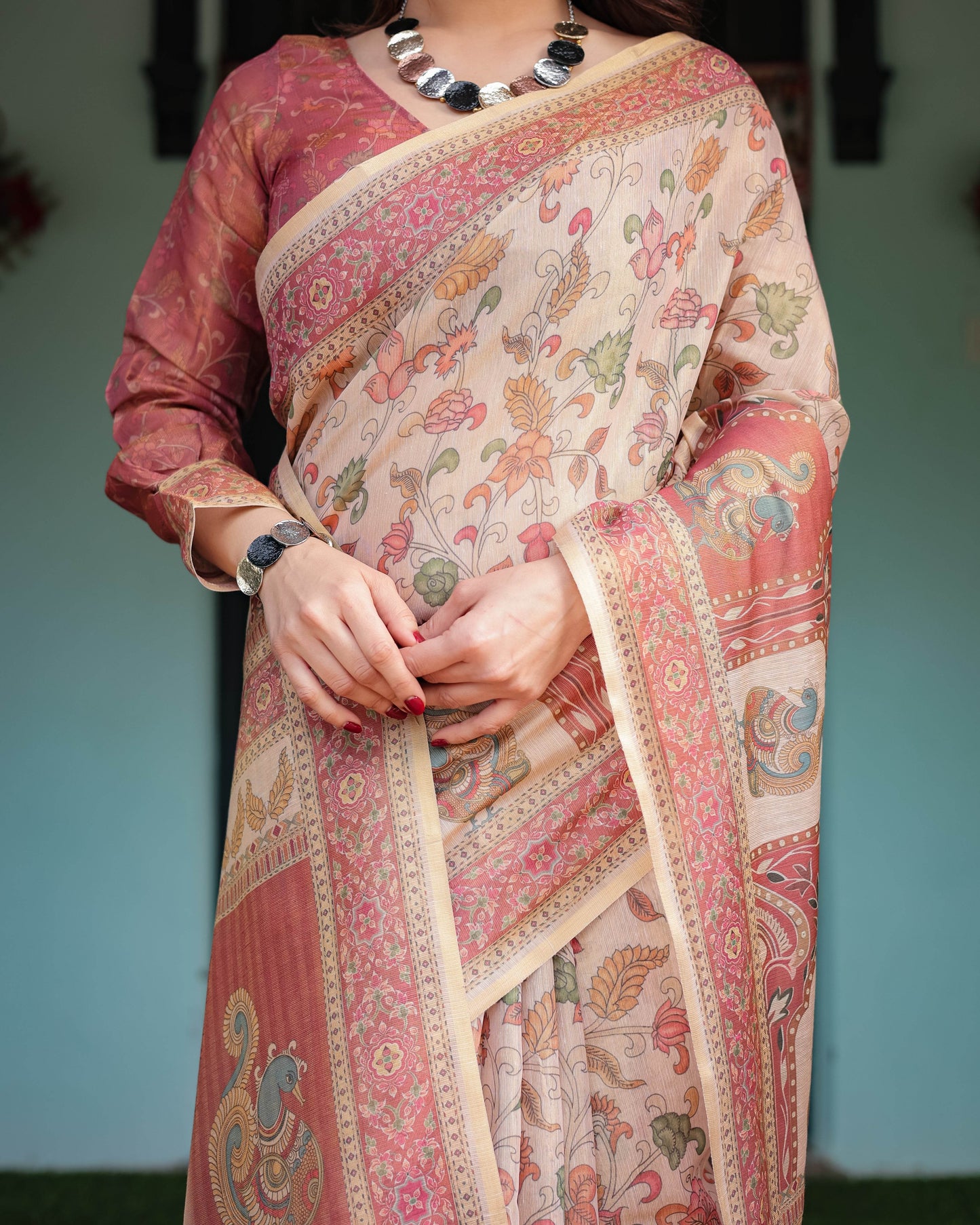 Cream with Coral Borders Linen Cotton Handloom Printed Saree, Peacock Motifs, Floral Design, and Tassels - SEEANS