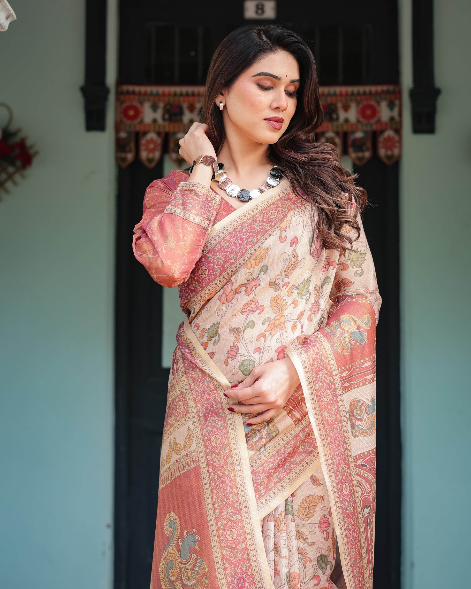 Cream with Coral Borders Linen Cotton Handloom Printed Saree, Peacock Motifs, Floral Design, and Tassels - SEEANS