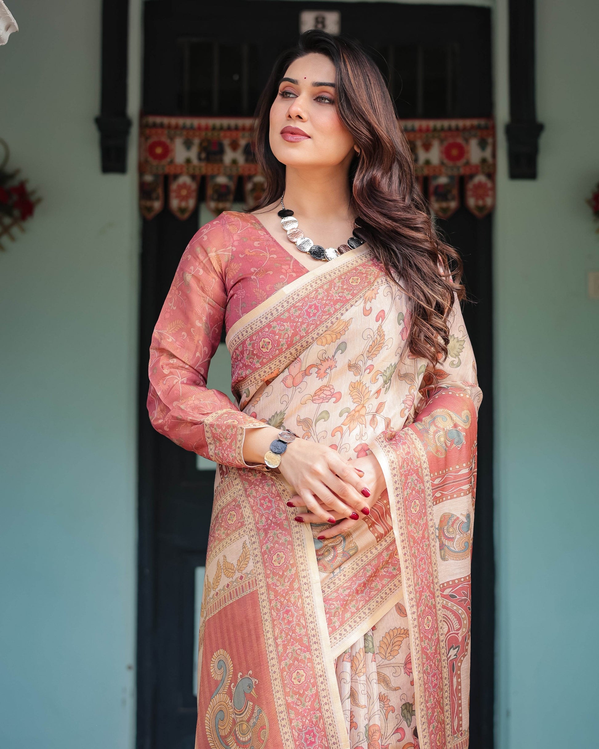 Cream with Coral Borders Linen Cotton Handloom Printed Saree, Peacock Motifs, Floral Design, and Tassels - SEEANS