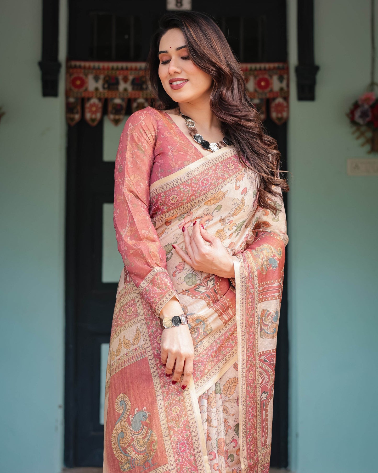 Cream with Coral Borders Linen Cotton Handloom Printed Saree, Peacock Motifs, Floral Design, and Tassels - SEEANS