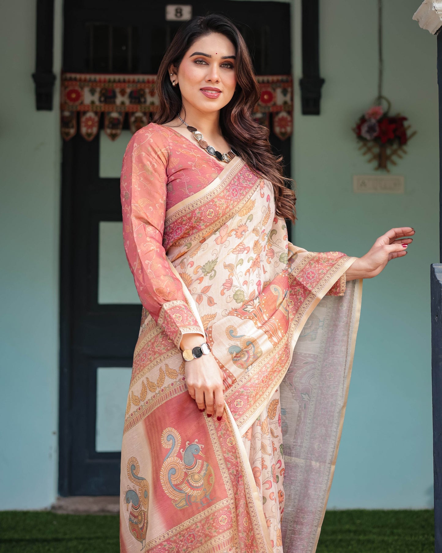 Cream with Coral Borders Linen Cotton Handloom Printed Saree, Peacock Motifs, Floral Design, and Tassels - SEEANS