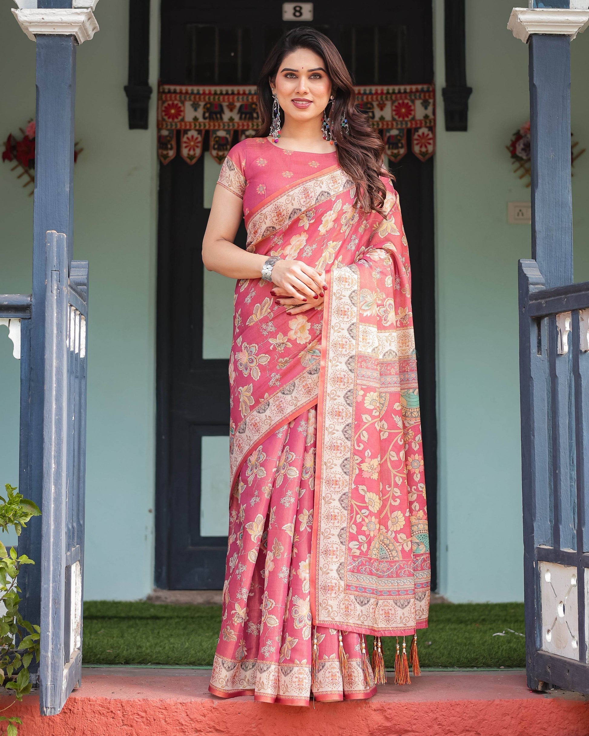 Rosy Pink with Intricate Floral Motifs Linen Cotton Handloom Printed Saree, Peacock Pallu, and Tassels - SEEANS