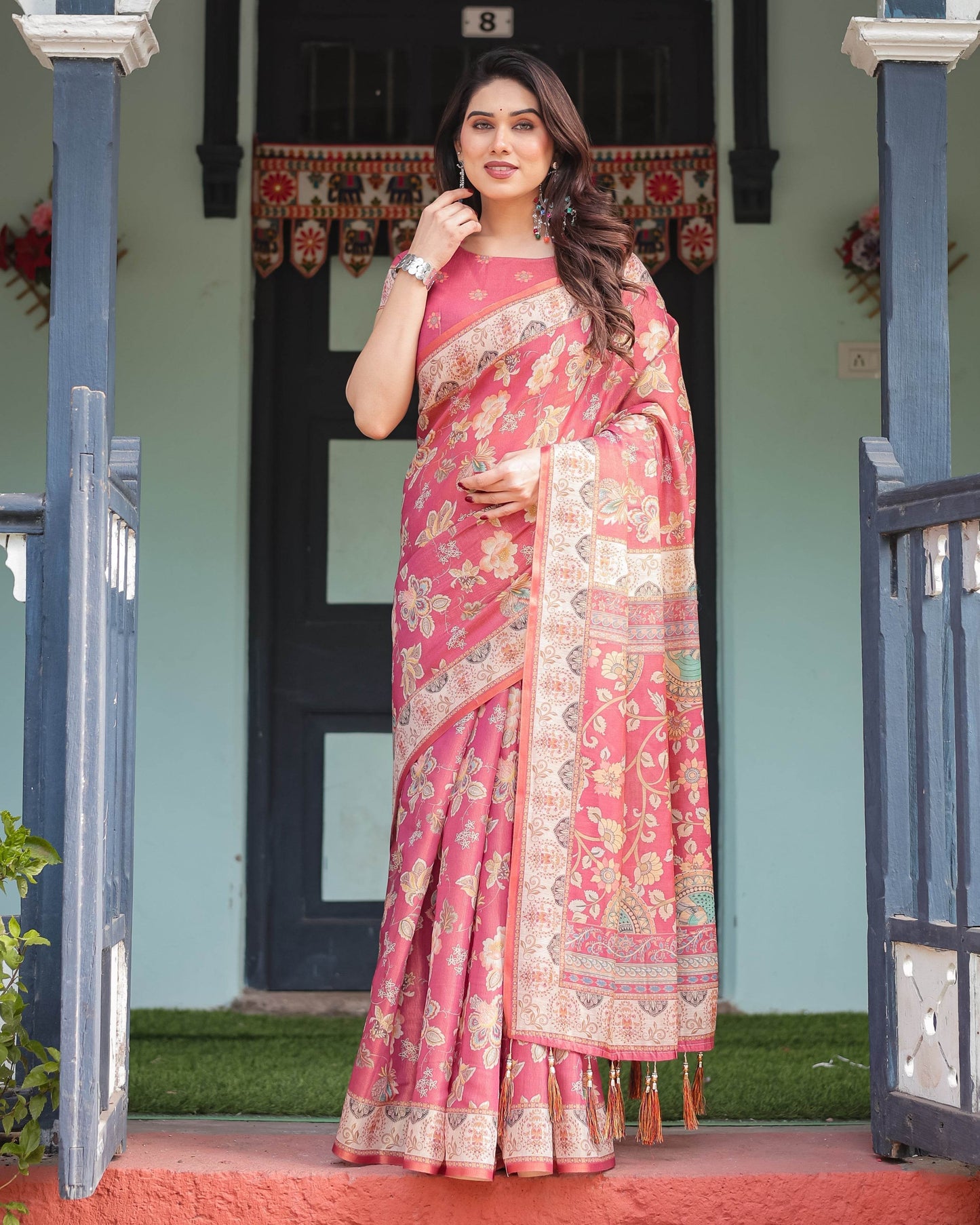 Rosy Pink with Intricate Floral Motifs Linen Cotton Handloom Printed Saree, Peacock Pallu, and Tassels - SEEANS