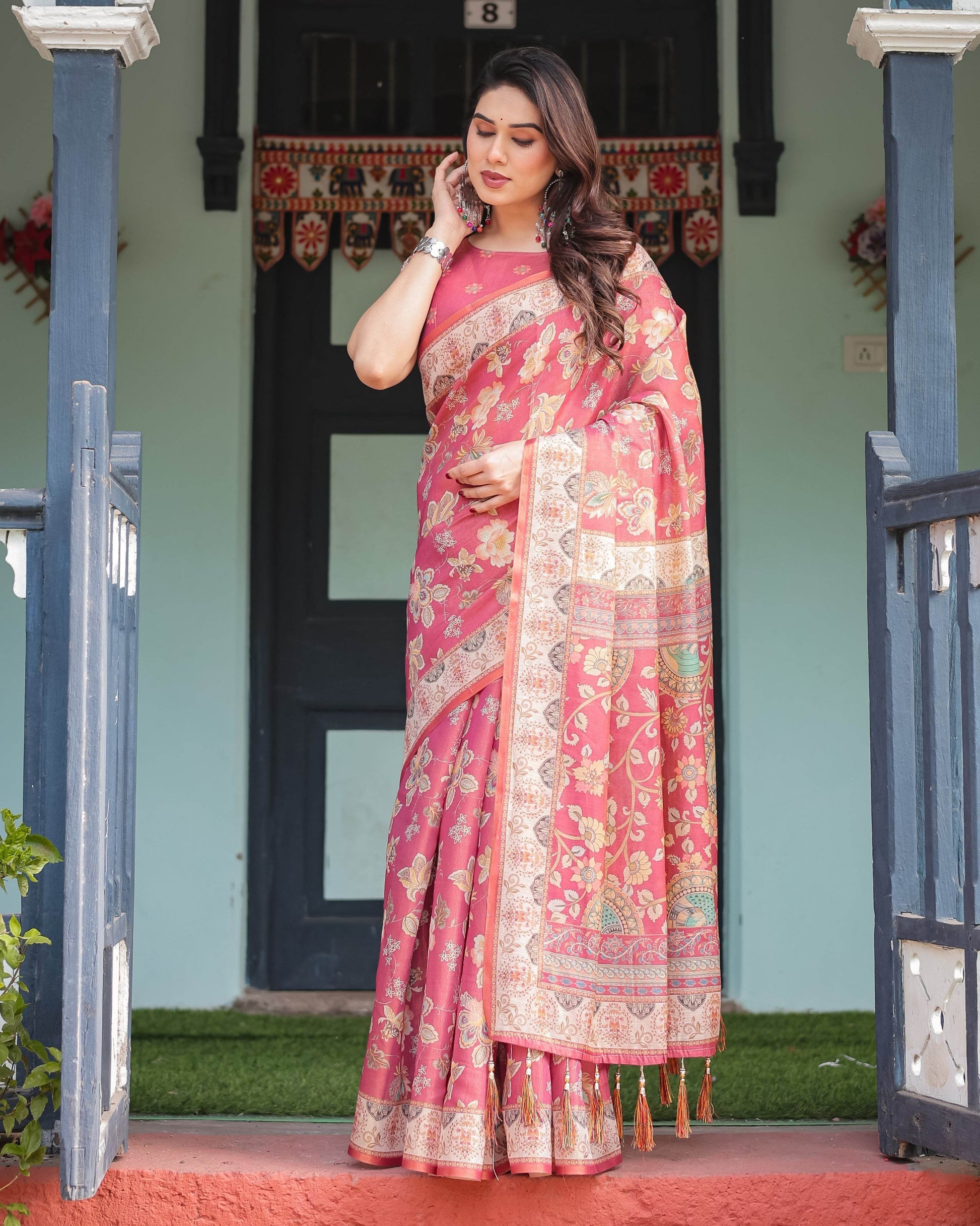 Rosy Pink with Intricate Floral Motifs Linen Cotton Handloom Printed Saree, Peacock Pallu, and Tassels - SEEANS