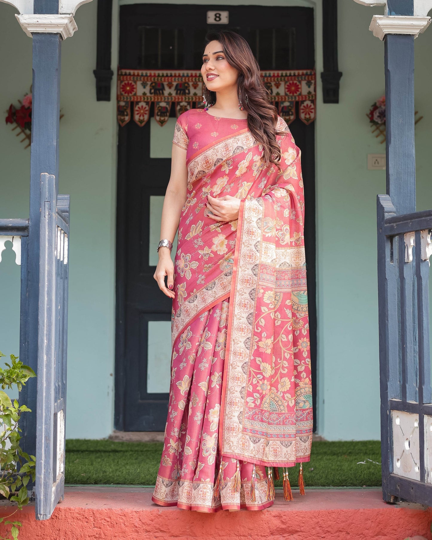 Rosy Pink with Intricate Floral Motifs Linen Cotton Handloom Printed Saree, Peacock Pallu, and Tassels - SEEANS