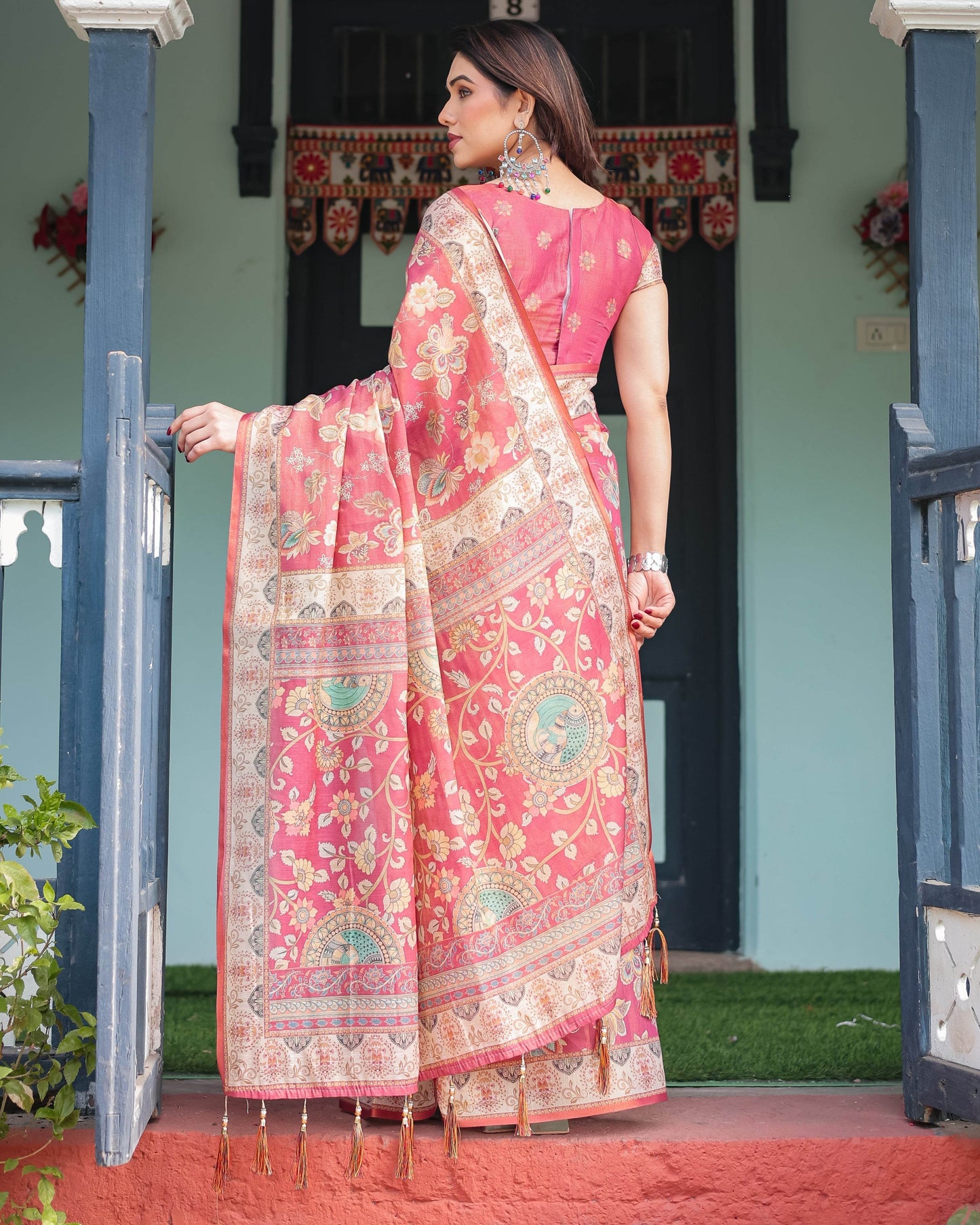 Rosy Pink with Intricate Floral Motifs Linen Cotton Handloom Printed Saree, Peacock Pallu, and Tassels - SEEANS