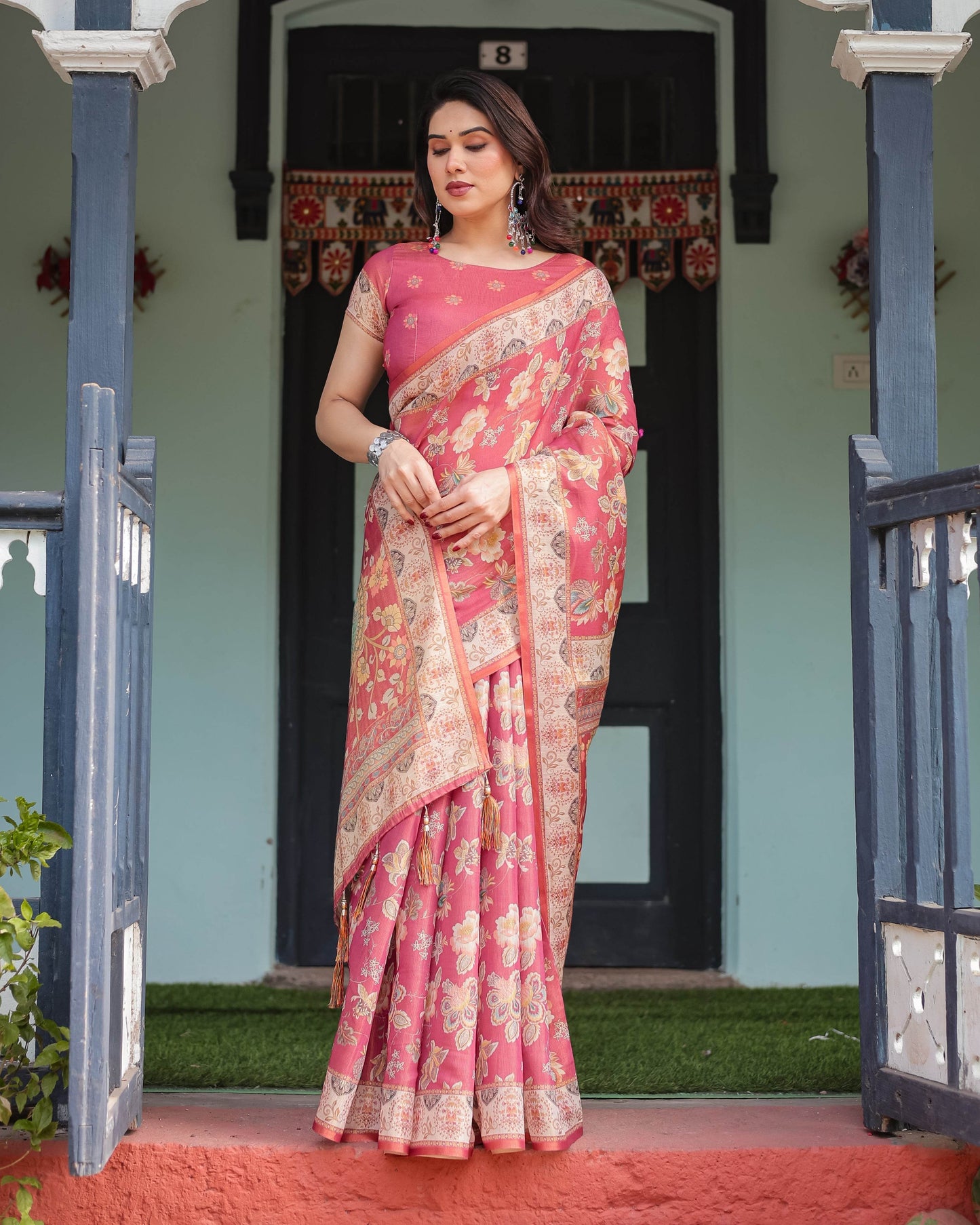 Rosy Pink with Intricate Floral Motifs Linen Cotton Handloom Printed Saree, Peacock Pallu, and Tassels - SEEANS