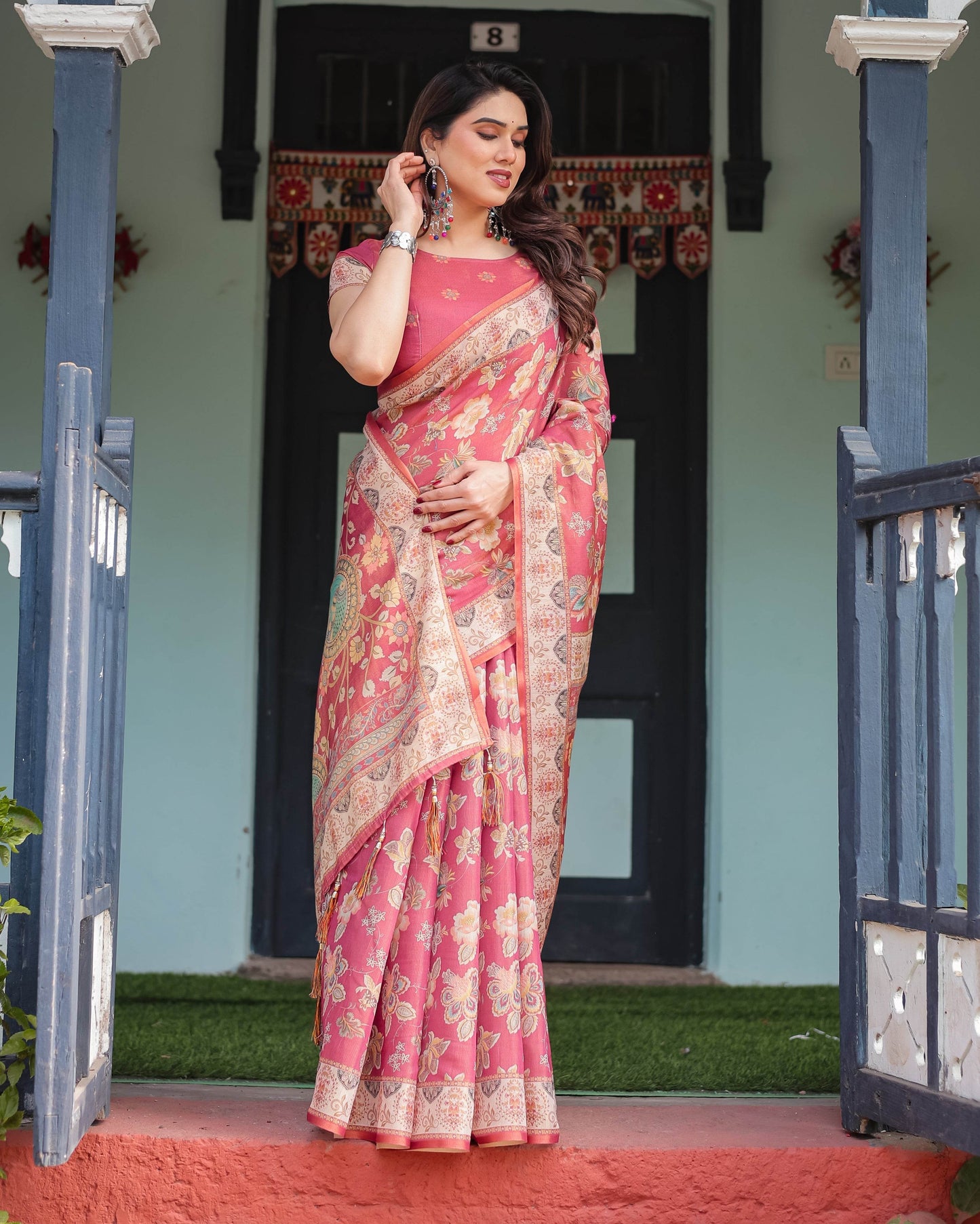 Rosy Pink with Intricate Floral Motifs Linen Cotton Handloom Printed Saree, Peacock Pallu, and Tassels - SEEANS