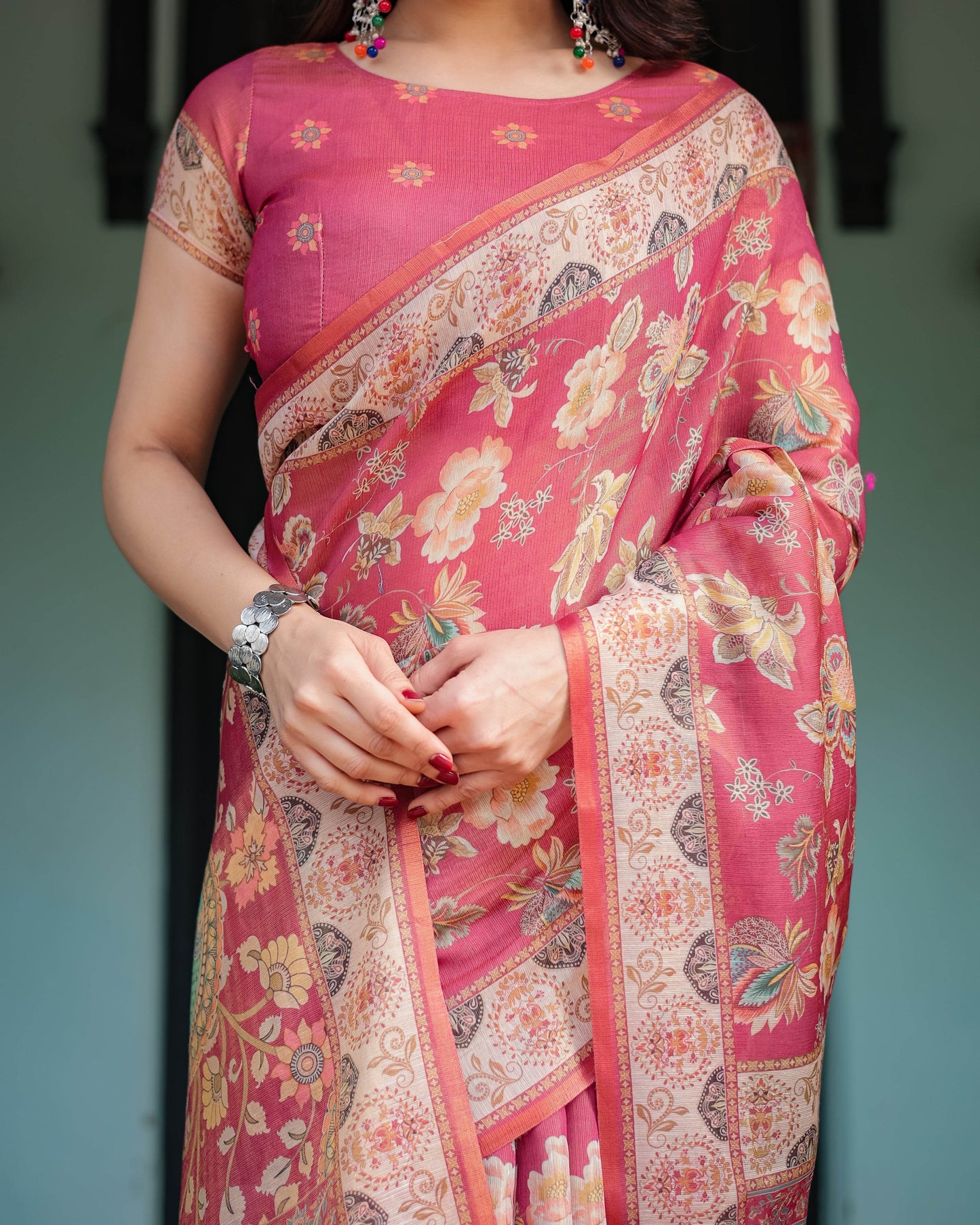 Rosy Pink with Intricate Floral Motifs Linen Cotton Handloom Printed Saree, Peacock Pallu, and Tassels - SEEANS