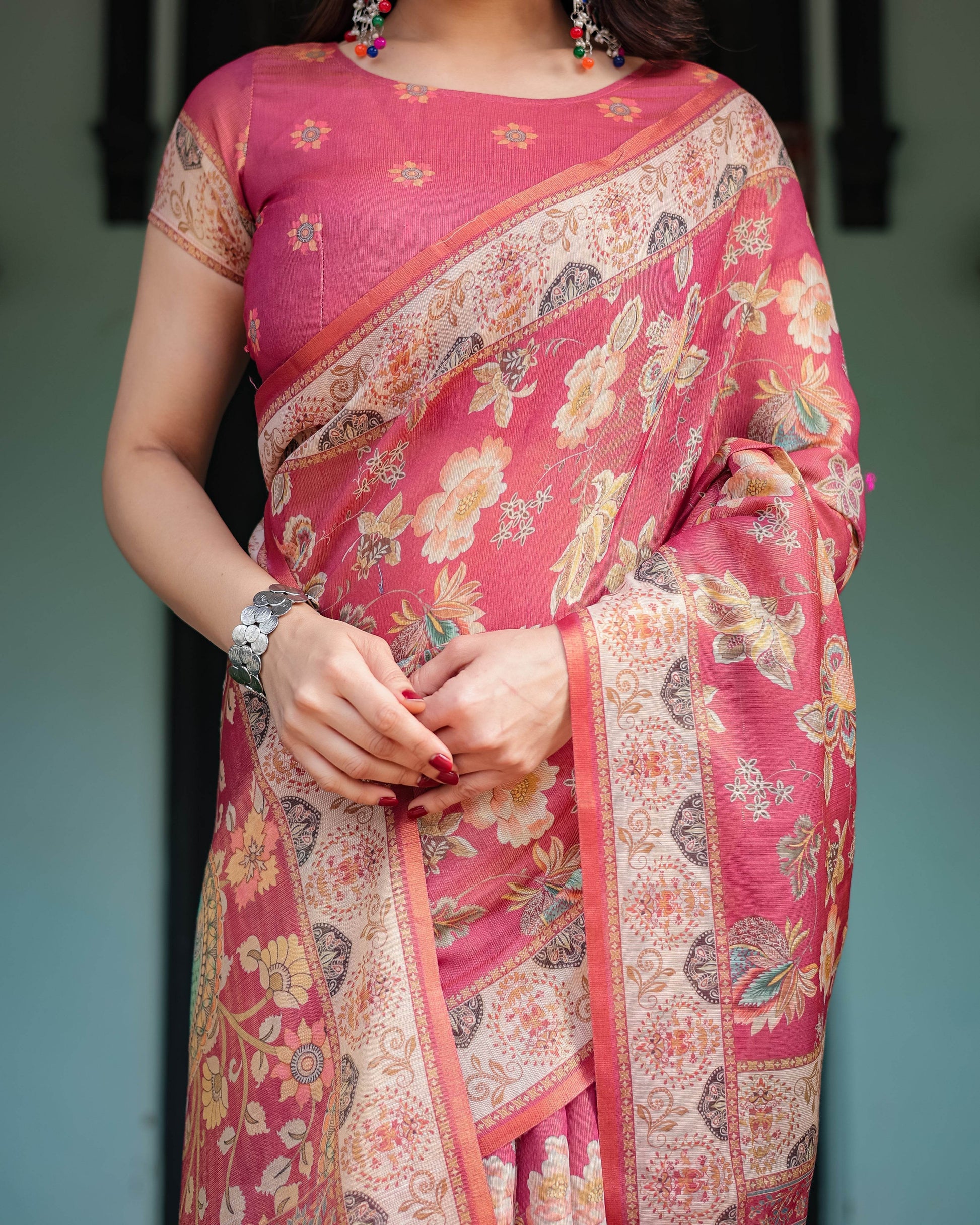 Rosy Pink with Intricate Floral Motifs Linen Cotton Handloom Printed Saree, Peacock Pallu, and Tassels - SEEANS