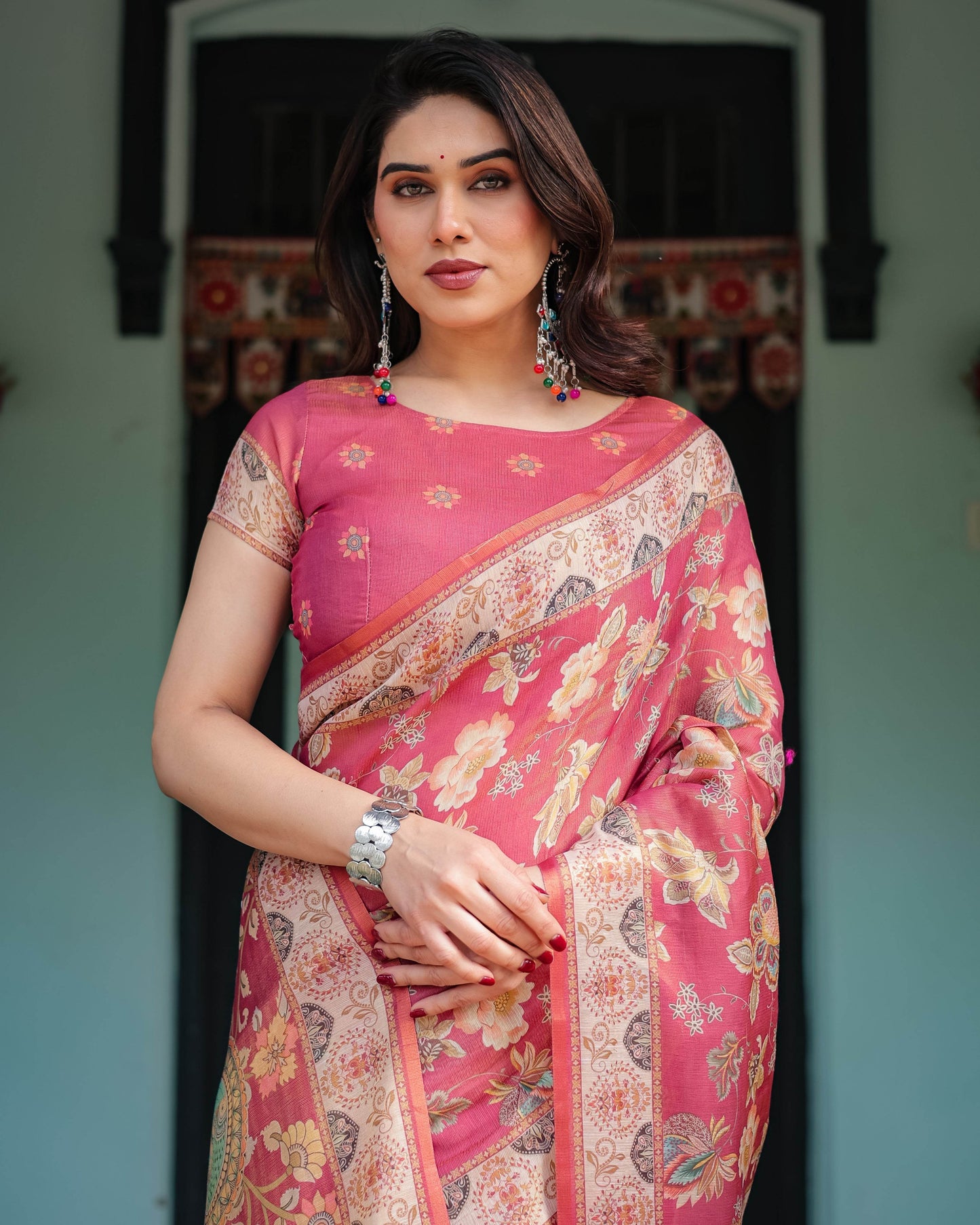 Rosy Pink with Intricate Floral Motifs Linen Cotton Handloom Printed Saree, Peacock Pallu, and Tassels - SEEANS