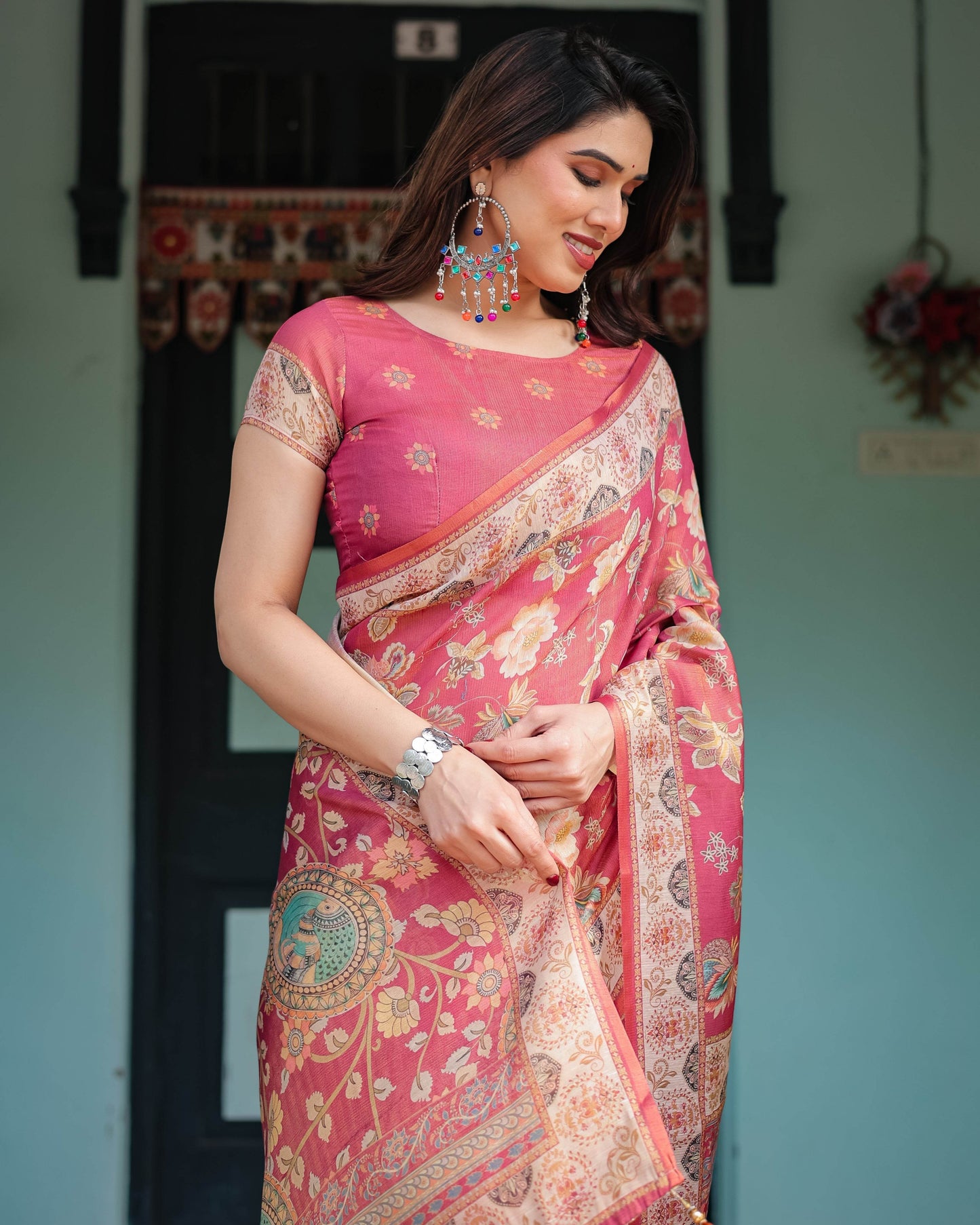 Rosy Pink with Intricate Floral Motifs Linen Cotton Handloom Printed Saree, Peacock Pallu, and Tassels - SEEANS