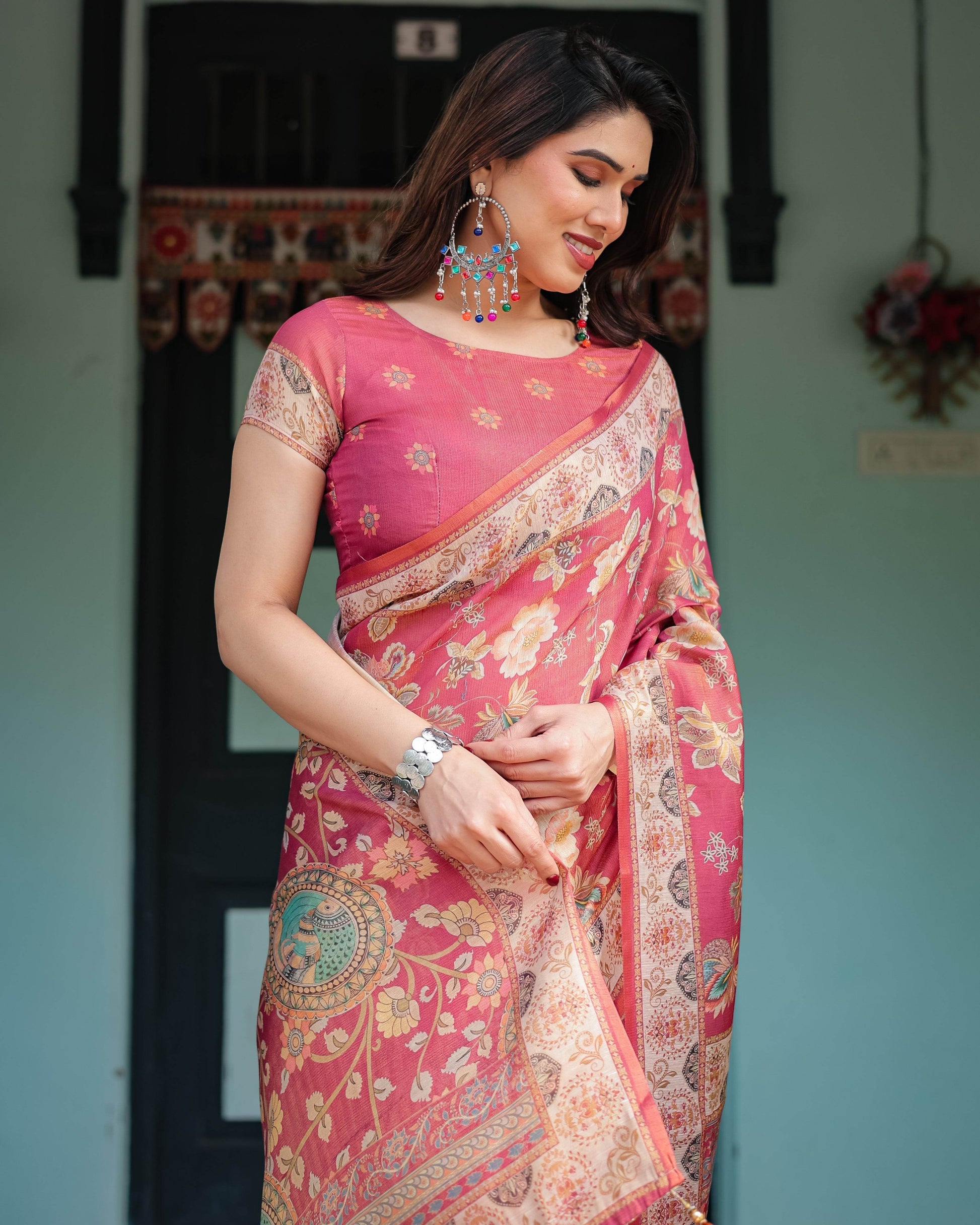 Rosy Pink with Intricate Floral Motifs Linen Cotton Handloom Printed Saree, Peacock Pallu, and Tassels - SEEANS