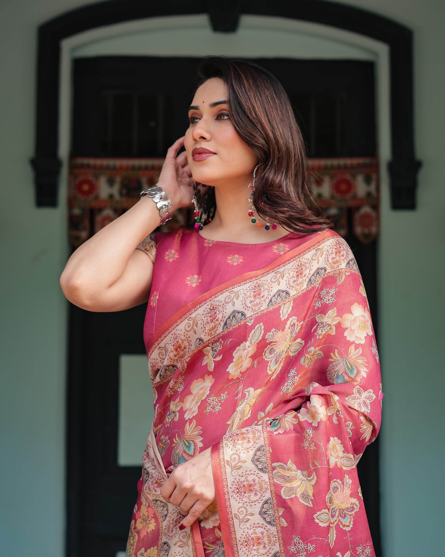 Rosy Pink with Intricate Floral Motifs Linen Cotton Handloom Printed Saree, Peacock Pallu, and Tassels - SEEANS