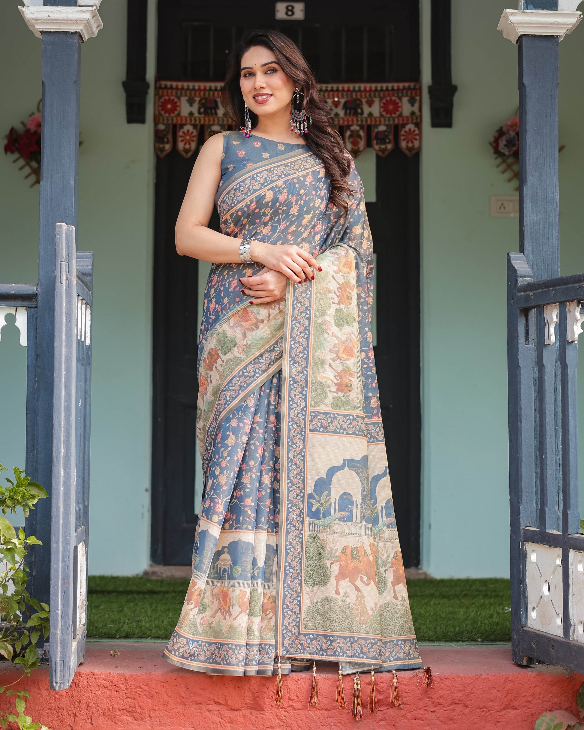 Steel Blue with Floral Patterns Linen Cotton Handloom Printed Saree, Heritage-Inspired Pallu, and Tassels - SEEANS