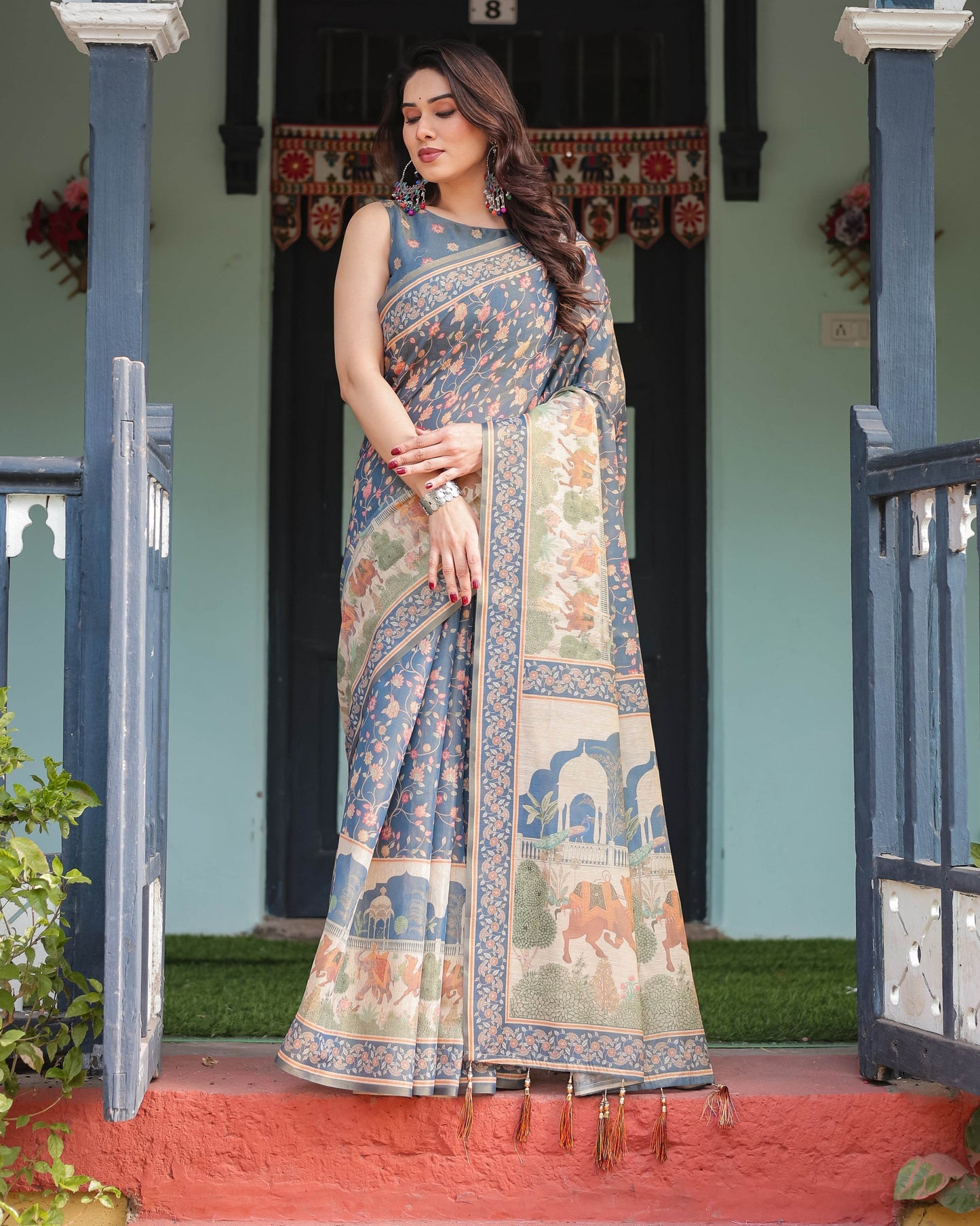 Steel Blue with Floral Patterns Linen Cotton Handloom Printed Saree, Heritage-Inspired Pallu, and Tassels - SEEANS